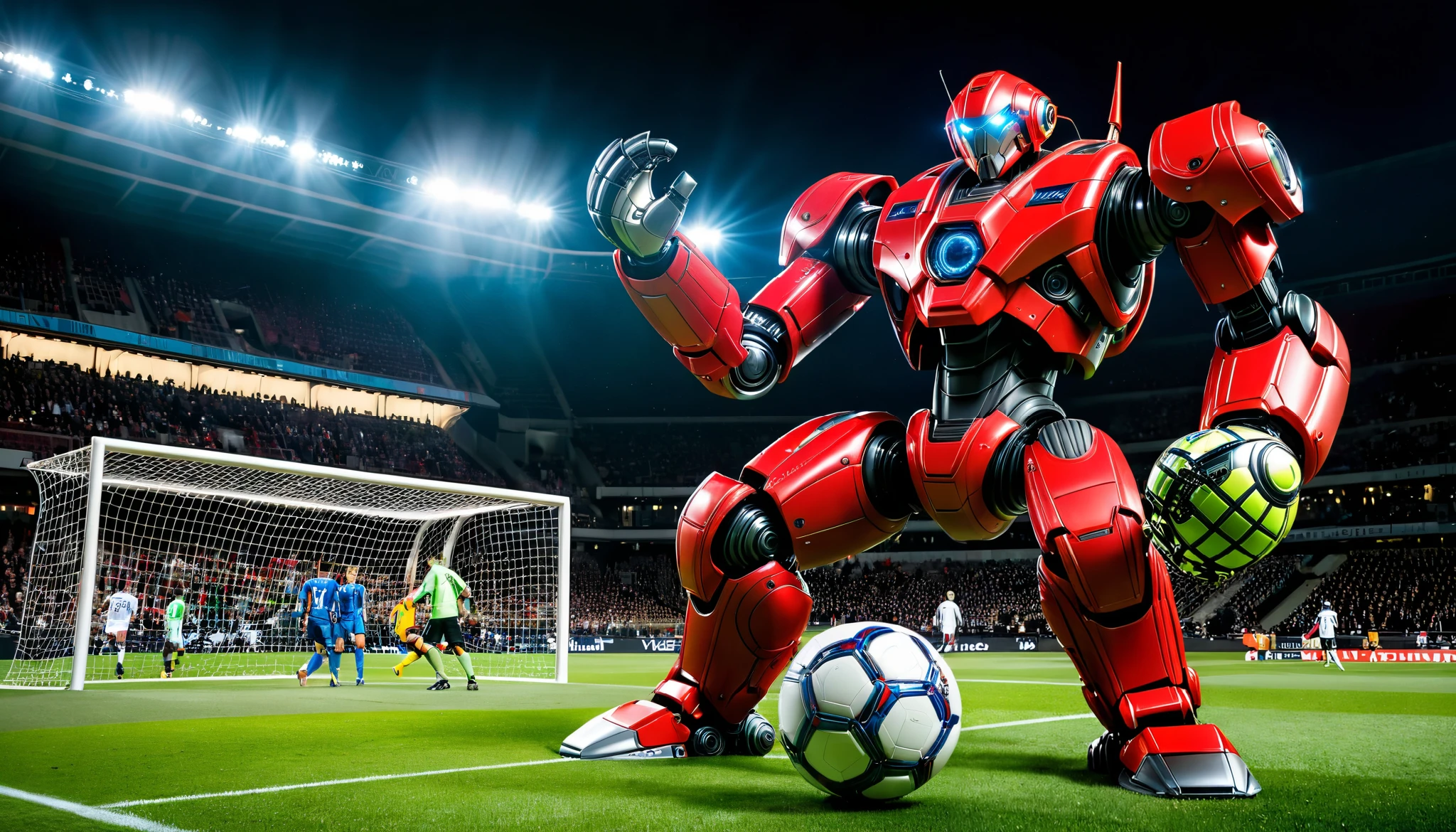 Wide shot of a colossal red robot with an imposing design, guarding a soccer goal. It wears massive goalkeeper gloves with futuristic details, its firm stance exuding determination. The robot stops a ball mid-air, its shiny surface reflecting the stadium lights. The ball, slightly distorted from the impact, looks tiny compared to the towering mechanical goalkeeper. The crowd in the stands watches in awe and excitement.