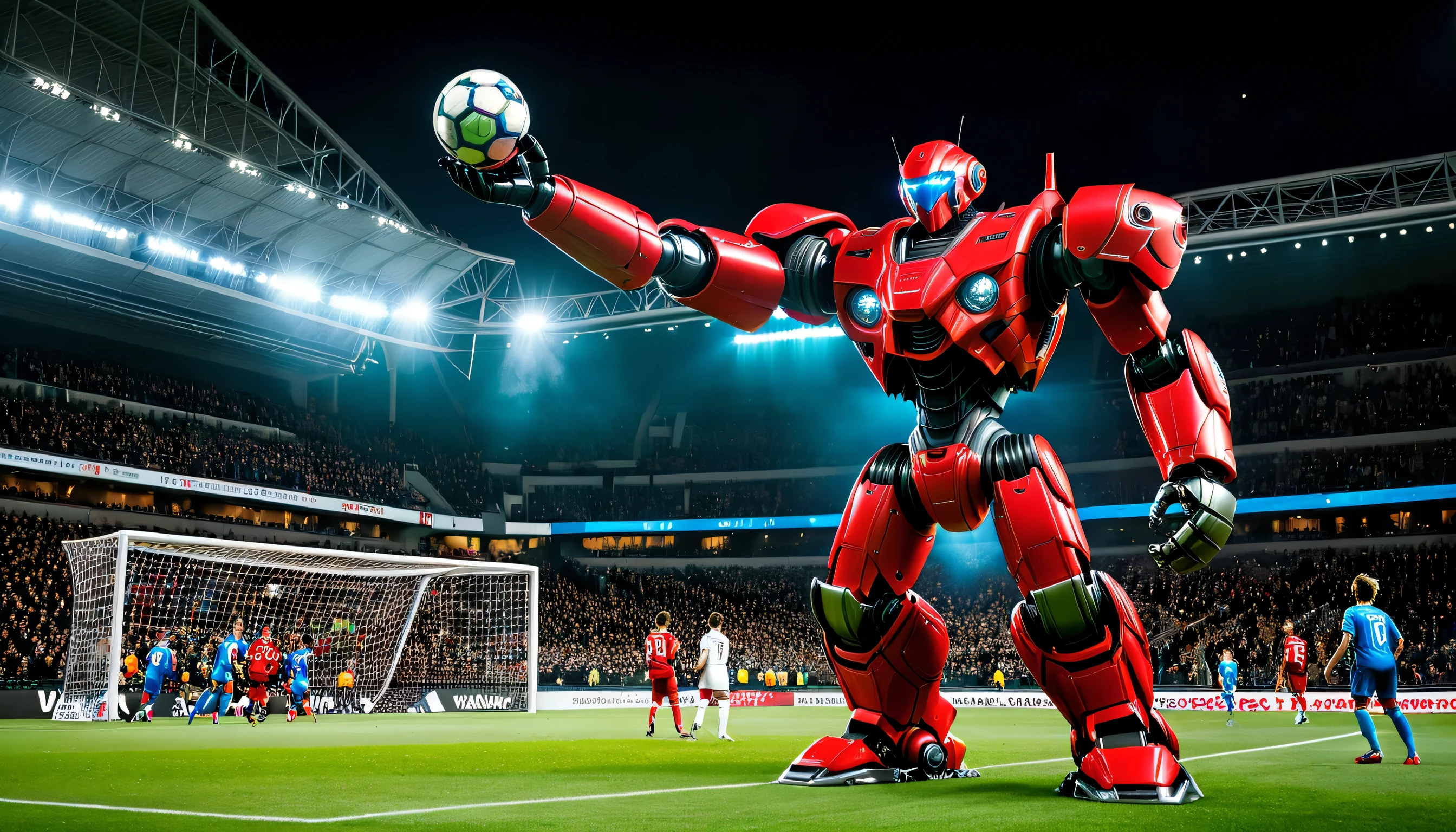 Wide shot of a colossal red robot with an imposing design, guarding a soccer goal. It wears massive goalkeeper gloves with futuristic details, its firm stance exuding determination. The robot stops a ball mid-air, its shiny surface reflecting the stadium lights. The ball, slightly distorted from the impact, looks tiny compared to the towering mechanical goalkeeper. The crowd in the stands watches in awe and excitement.