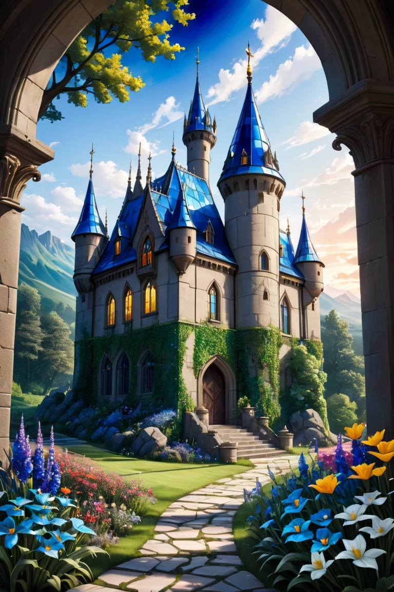  blue stained glass　Mysterious castle 　 surrounded by nature 　 lots of flowers