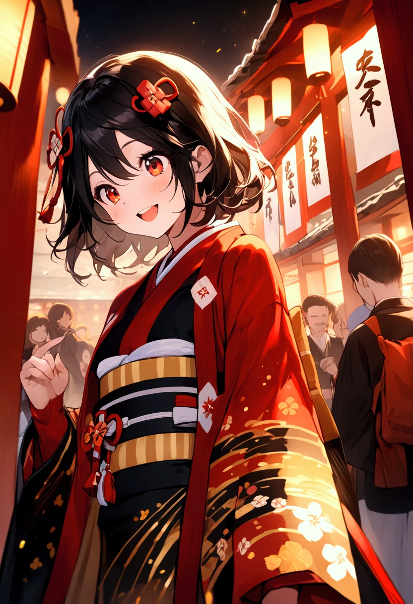  kitasan black、shrine、first visit of the year to a shrine、smile、満面のsmile、Many worshipers 、 beautiful women、  highest image quality taken by Ki 、 high res、masterpiece、4K quality、Long-sleeved kimono、赤と黒の豪華なLong-sleeved kimono、{ top quality }, { very beautiful}, { super detailed }, { best illustration},、Big Japanese drum、Hit the Japanese drum、A giant Japanese drum 、 has a drum bee 、 hits a drum with a drum bee、firework、japanese drum