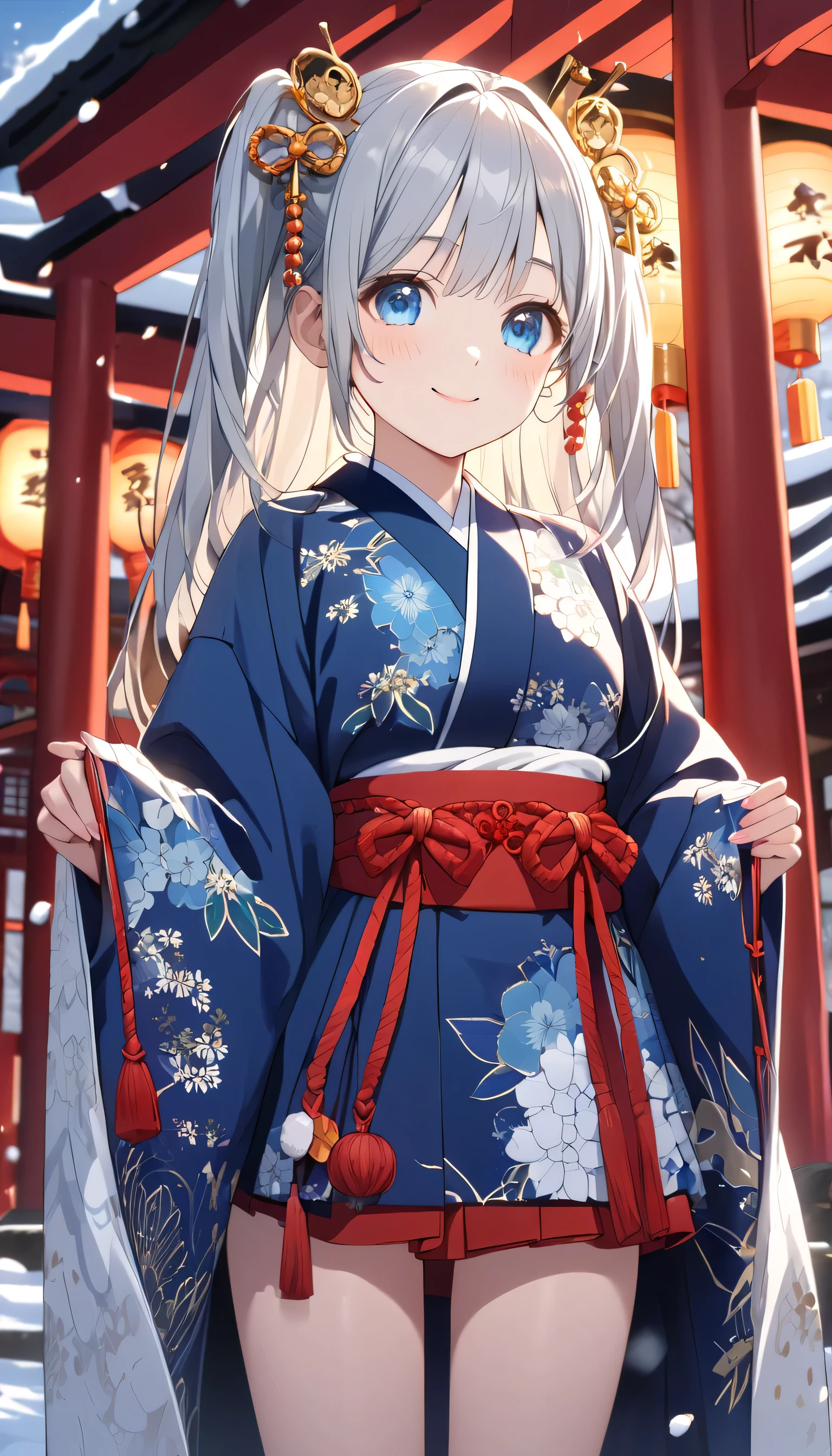 ((ultra-detailed)), (highly detailed CG illustration), (best quality:1.2), ultra-highly detailed, colorful composition, artistic photoshoot, 1girl, solo focus, ((thigh to top:1.4)), ((cowboy shot:1.4)), Japanese moe anime character, girl, dainty facial structure, (baby fand face), ((rounded chin:1.2)), ((ideal ratio body proportions)), celia-default, celia claire, (blue eyes), sparkle eyes, silver hair color, two side up, ((deep royal blue furisode costume with gorgeous floral pattern)), ((white obi with golden decorations)), ((red Japanese ornate hairpin with golden decoration)), white fur shawl,new year shrine visit, traditional japanese shrine, torii gate covered in snow, visitors wearing kimonos, winter sky, hanging ema plaques, sacred ropes and white paper streamers, lanterns glowing softly, shinto prayers being made, snow-covered stone lanterns, high angle, expecting, pink cheek, blush, light pink gloss slip, portrait, depth of field, soft lighting, sidelighting, (shine), lighting, caustics, ray tracing, smile, perfect face, lustrous skin, highly detailed face, highly detailed eyes, perfect face, perfect nose, perfect hair, perfect eyes, perfect anatomy, beautiful hair, beautiful small face, extremely detailed face, beautiful detailed eyes, beautiful clavicle, beautiful body, beautiful medium breasts, breasts squeezed together, equalize the size of the left and right breasts, beautiful thin thighs, beautiful legs, beautiful fingers, 4 fingers, 1 thumb, lovely, (very detailed background:1.0), (highly detailed background:1.0), winter aesthetic, intricate details, solemn serene and respectful atmosphere, winter colors palette, chromatic aberration