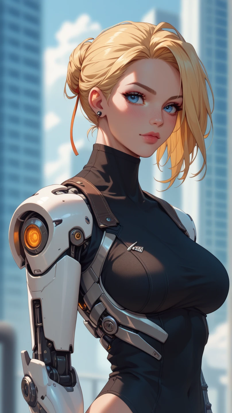 masterpiece,(masterpiece, top quality, best quality),1girl, solo, platinum blonde hair, belt, hand on hip, holding, large breasts, white bodysuit, choker, supergirl insignia white jumpsuit, simple background, looking at viewer, smile, bodysuit, medium short hair, cowboy shot, bangs, standing, lips, closed mouth, brown eyes, medium hair, center opening, 