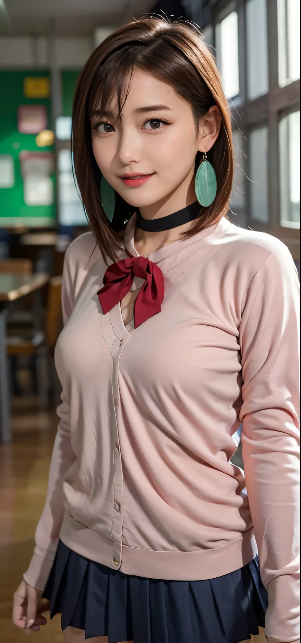 extremely high quality photo, Momo Ayase, sharp focus, realistic, source_photo, proper alignment, young Japanese model, cafe setting, room background, glamorous, sexy, seductive, portrait, detailed face, smiling, happy, ayase_wz, medium hair, brown hair, brown eyes, large breasts, chocker, choker, red bowtie, (pink cardigan:1.2), long cardigan, long sleeves, blue skirt, pleated skirt, school uniform, short skirt, earrings, loose socks, white socks