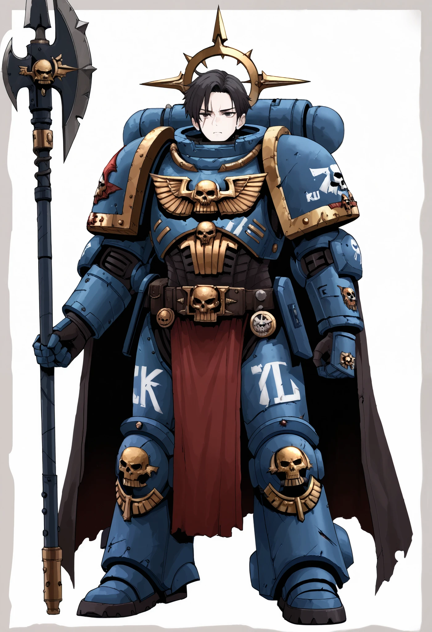 Anime, Concept art, Absurd resolution, high resolution, (masterpiece: 1.4), hyper-detail, warhammer 40k armor, armor, heavy armor, plated armor, full body, glowing weapon, cloak, edgy, grimdark, octosoup, 1man, bulky, buff, loin cloth, reference sheet, iron halo, whtitus, full shot, Holding_Halberd_V1, black hair, black eyes, facial scar, 
