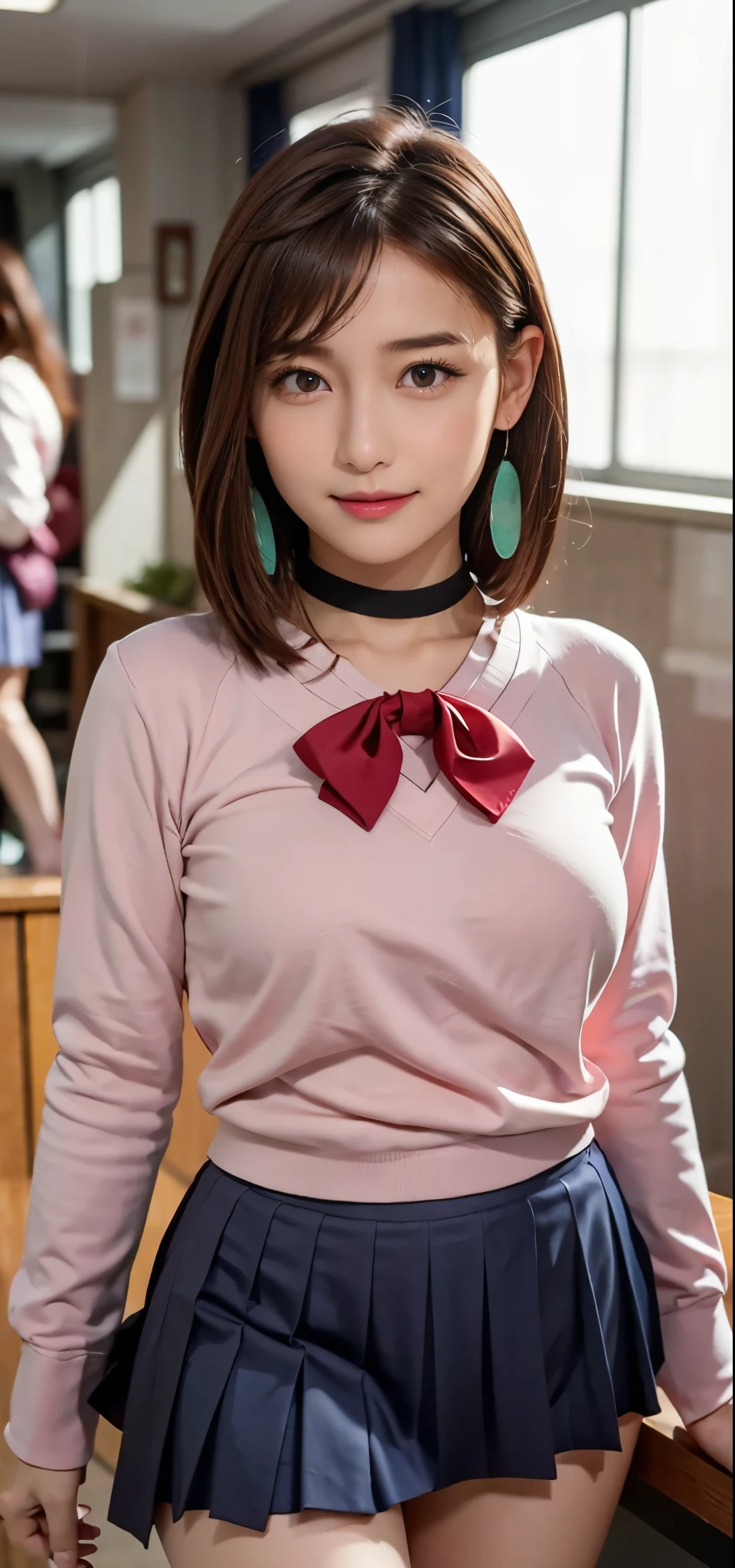 extremely high quality photo, Momo Ayase, sharp focus, realistic, source_photo, proper alignment, young Japanese model, cafe setting, room background, glamorous, sexy, seductive, portrait, detailed face, smiling, happy, ayase_wz, medium hair, brown hair, brown eyes, large breasts, chocker, choker, red bowtie, (pink cardigan:1.2), long cardigan, long sleeves, blue skirt, pleated skirt, school uniform, short skirt, earrings, loose socks, white socks