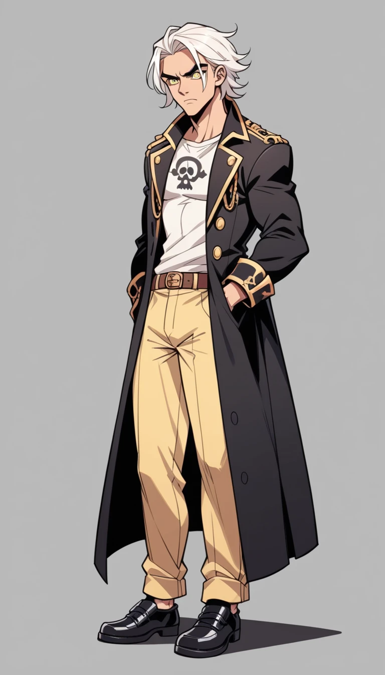 A pale man ,  long white hair , white pirate shirt ,  long black coat ,Pirate man, thin face,  wide yellow eyes ,thin and muscular, long black pants ,ch, men's black shoes , dynamic pose style,standing,haughty look,Frowned frown ,  Graphic Novel style , contrast,  pastel colors , tons mais dark