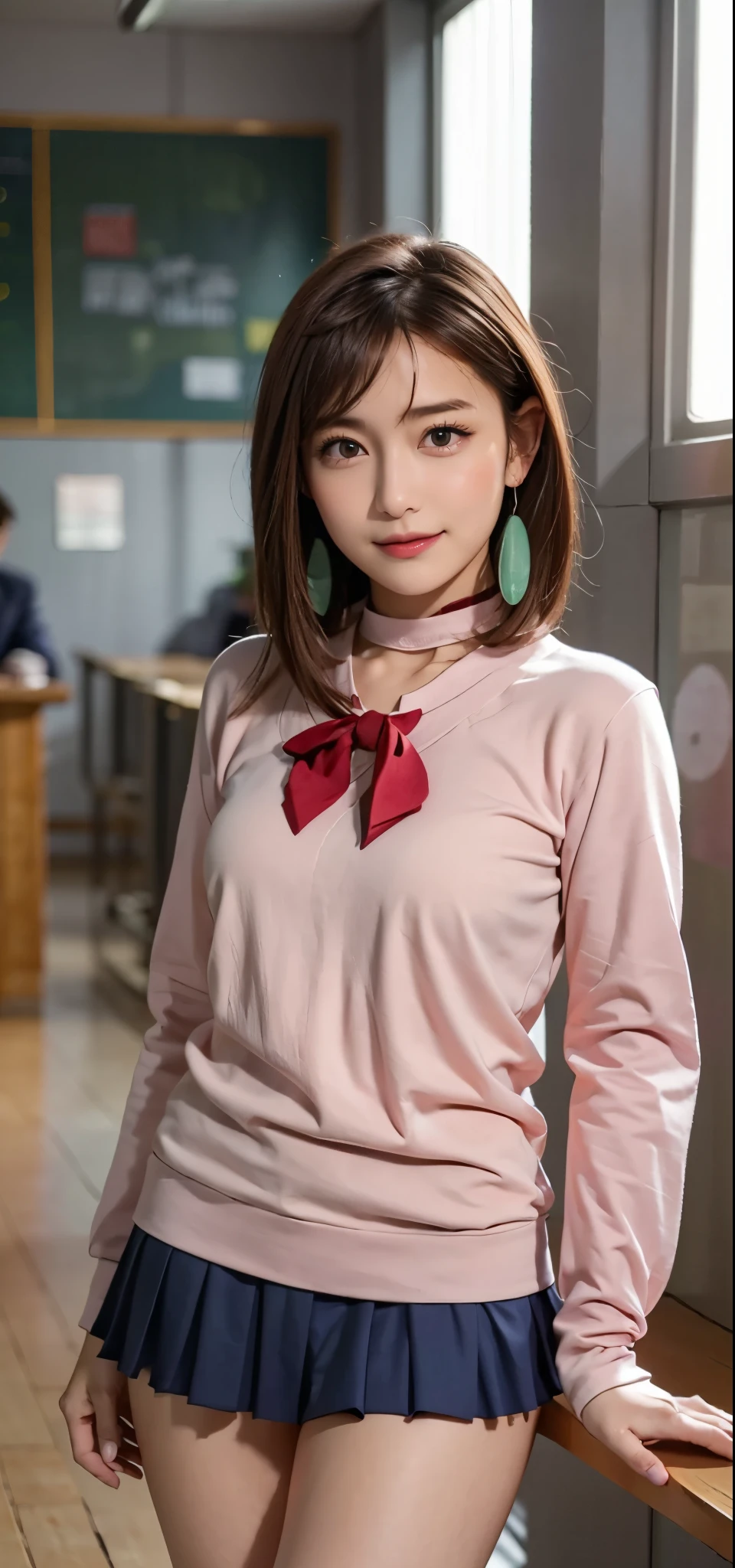 extremely high quality photo, Momo Ayase, sharp focus, realistic, source_photo, proper alignment, young Japanese model, cafe setting, room background, glamorous, sexy, seductive, portrait, detailed face, smiling, happy, ayase_wz, medium hair, brown hair, brown eyes, large breasts, chocker, choker, red bowtie, (pink cardigan:1.2), long cardigan, long sleeves, blue skirt, pleated skirt, school uniform, short skirt, earrings, loose socks, white socks