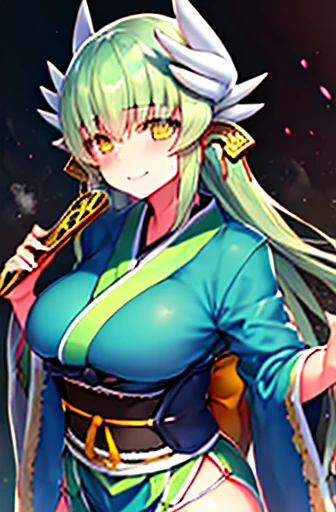 Fate/Grand order, kiyohime, green heirs, yellow eyes,wears kimono,big breasts,shortstuck, ((highest quality)), ((masterpiece)), (detailed), Perfect Face,Gigantic breasts