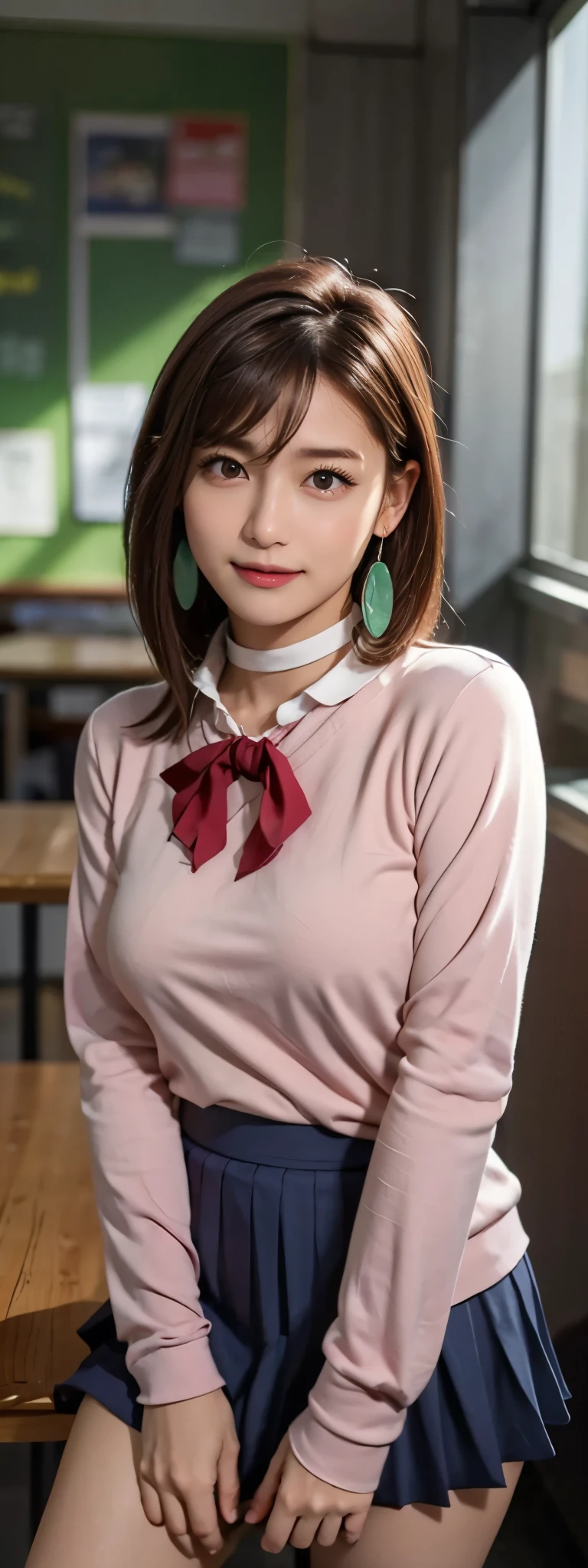 extremely high quality photo, Momo Ayase, sharp focus, realistic, source_photo, proper alignment, young Japanese model, cafe setting, room background, glamorous, sexy, seductive, portrait, detailed face, smiling, happy, ayase_wz, medium hair, brown hair, brown eyes, large breasts, chocker, choker, red bowtie, (pink cardigan:1.2), long cardigan, long sleeves, blue skirt, pleated skirt, school uniform, short skirt, earrings, loose socks, white socks