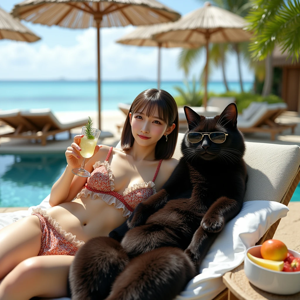 ultra-realistic, photorealistic, dramatic scene, shadow, global-illumination, solo, 1 girl\( 20 years old Japanese beautiful girl, beautiful with cute face, wearing a cute dot patterned bikini with frills, shoulder-length brown hair, accessories, elegant hat, sunglasses, holding a tropical cocktail\), 1 human-like giant black cat\( human-like giant black cat, swim trunks, slight taller than the girl, with her, sunglasses, little chubby\), the girl and human-like giant black cat are lying on the gorgeous lounge chair at the pool side of the luxury resort hotel in Maldives, gorgeous stylish furnishings, famous 5-star hotel, amazing view of the ocean with private beach, parasols, some snacks on the small table