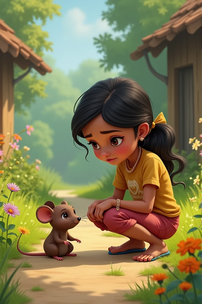 A small, brown rat with a bandaged paw lying on the ground in front of a young girl named Meera, looking concerned as she kneels down to help him. The scene is set in a village with grass and flowers."
