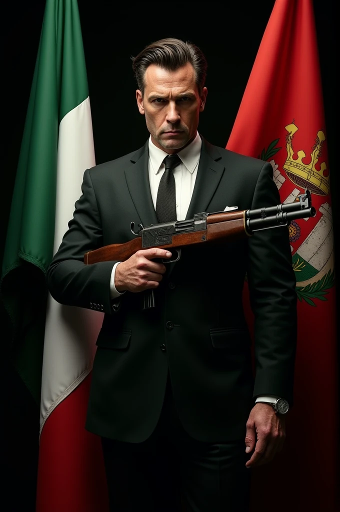 Masterpiece, best quality, male focus, 1man, there is a man in a suit holding a gun in his right hand, headshot profile picture, solo, solo focus, man with a gun, dramatic wielding gun pose, holding gun, with pistol, holding a gun, headshot photo, headshot photoshoot, acting headshot, (holding a pistol, finger on trigger), (Glock 17:1:2), headshot and bodyshot, he has a pistol, goatee, paris, night backdrop, film noire atmosphere, (perfect hands:1.2), medium hair, reddish grey hair, combed back hair, green eyes, middle-aged adult, green suit and tie, white shirt, looking at viewer, French detective.