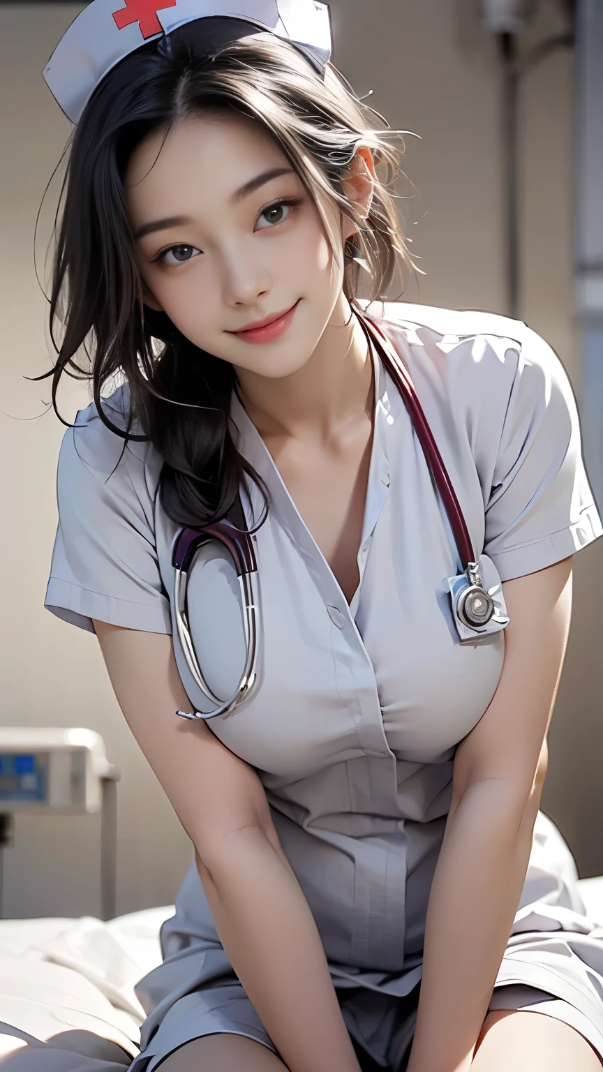 20 years old with slim body, (sexy nurse:1.6), beautiful Perfect Face, Soft Skin, Perfect Face, Big firm Breasts, Sexy, Sharp Eyes, wearing nurse's uniform, nurse cap, Intricate details, 8K resolution, masterpiece, (hospital room:1.3), smile. (close up:1.3)