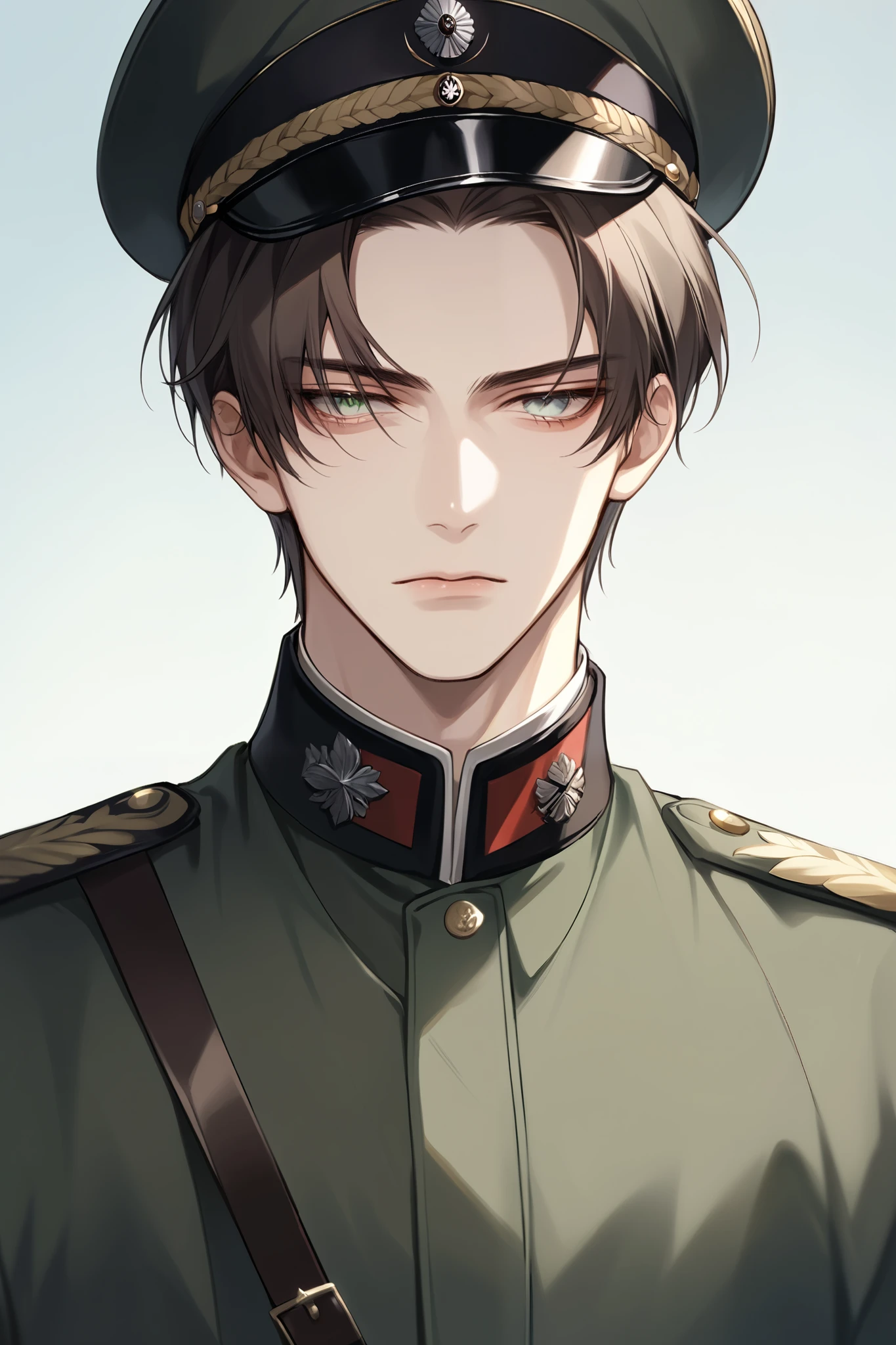 A man about 25 years old, handsome man he has an angular face with light, slightly pale skin, exuding a cold and thoughtful look. His eyes are sharp green, containing sadness and hardness, but sometimes there is a hint of longing that is hard to hide. His dark brown hair is neatly cut short, but the front part is slightly longer, often falling over his forehead, giving him a liberal look. He often wears the uniform and cap of the German army, exuding a majestic yet charming look.