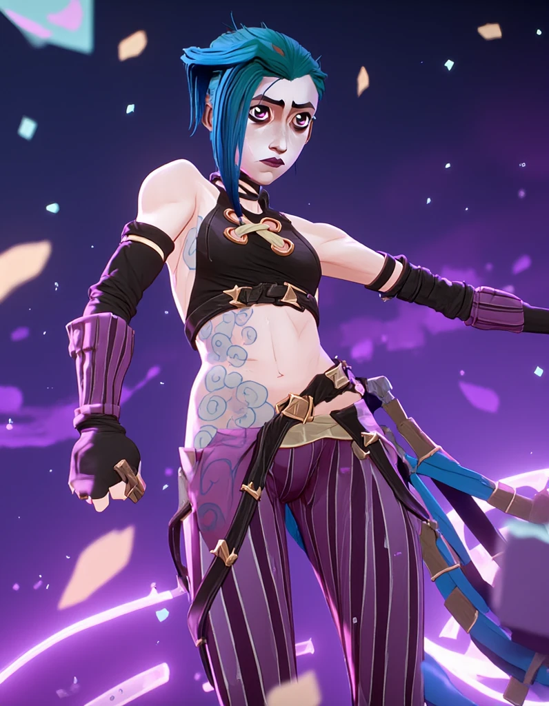 An action shot of Jinx from Arcane running Arcane style animation, she naked has bra and panties
