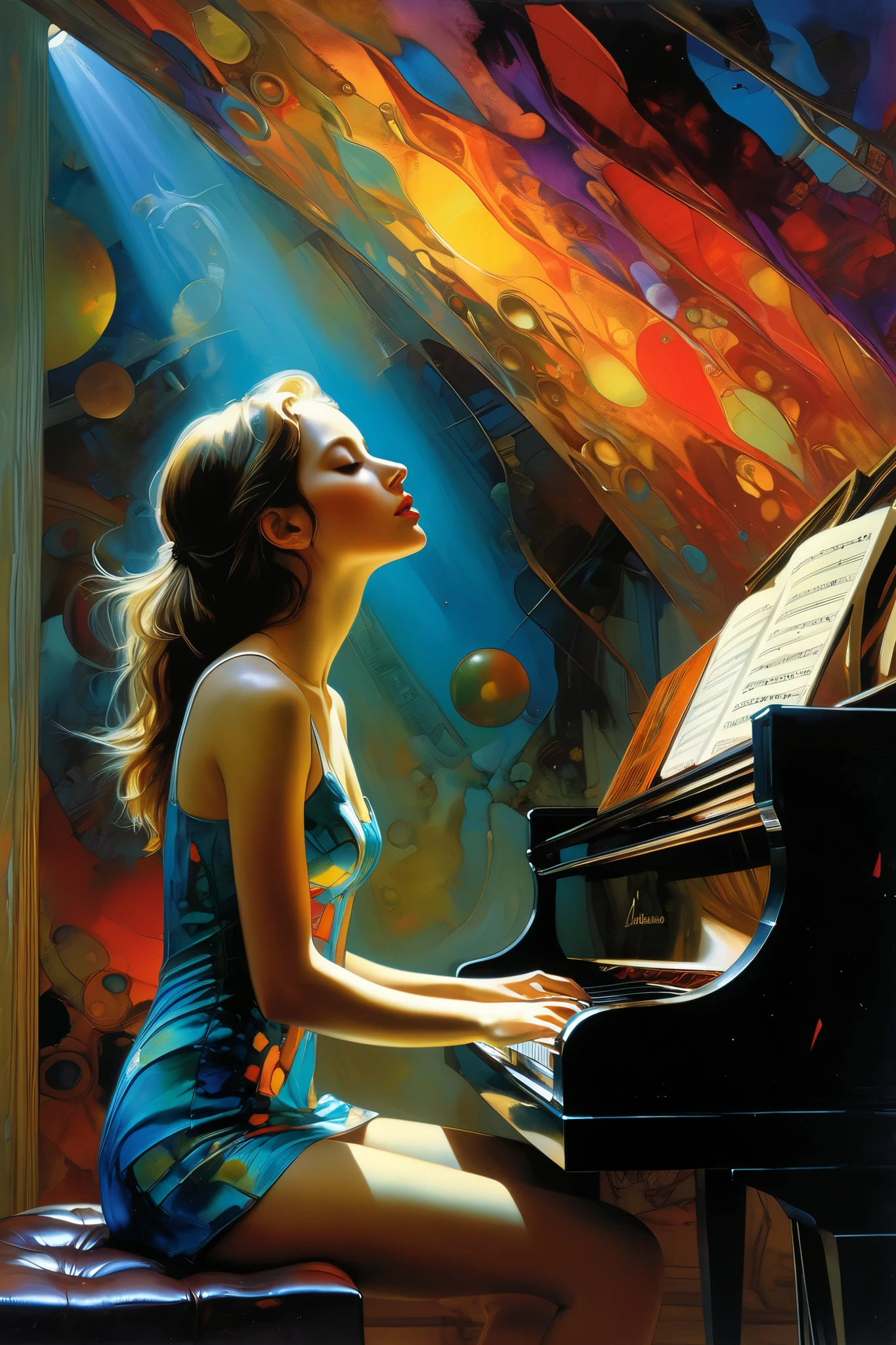 Beautiful girl playing piano、anatomically correct、 Looking Up from Below 、a highly detailed and intricate oil depicting an imaginative and surreal interpretation of the world, Get inspired by Bill Sienkiewicz's unique artistic style, Vivid and striking colors, Beautifully rendered textures and patterns, A sense of depth and a dreamlike atmosphere, ( top quality ,4K,8k, high res,masterpiece:1.2), ultra detail,( realistic,photo realistic,photo- realistic:1.37), brightly colored ,Dramatic lighting, surreal, psychedelic ,Abstract,Organic Shape, complex composition , chiaroscuro,Bill Sienkiewicz,oil