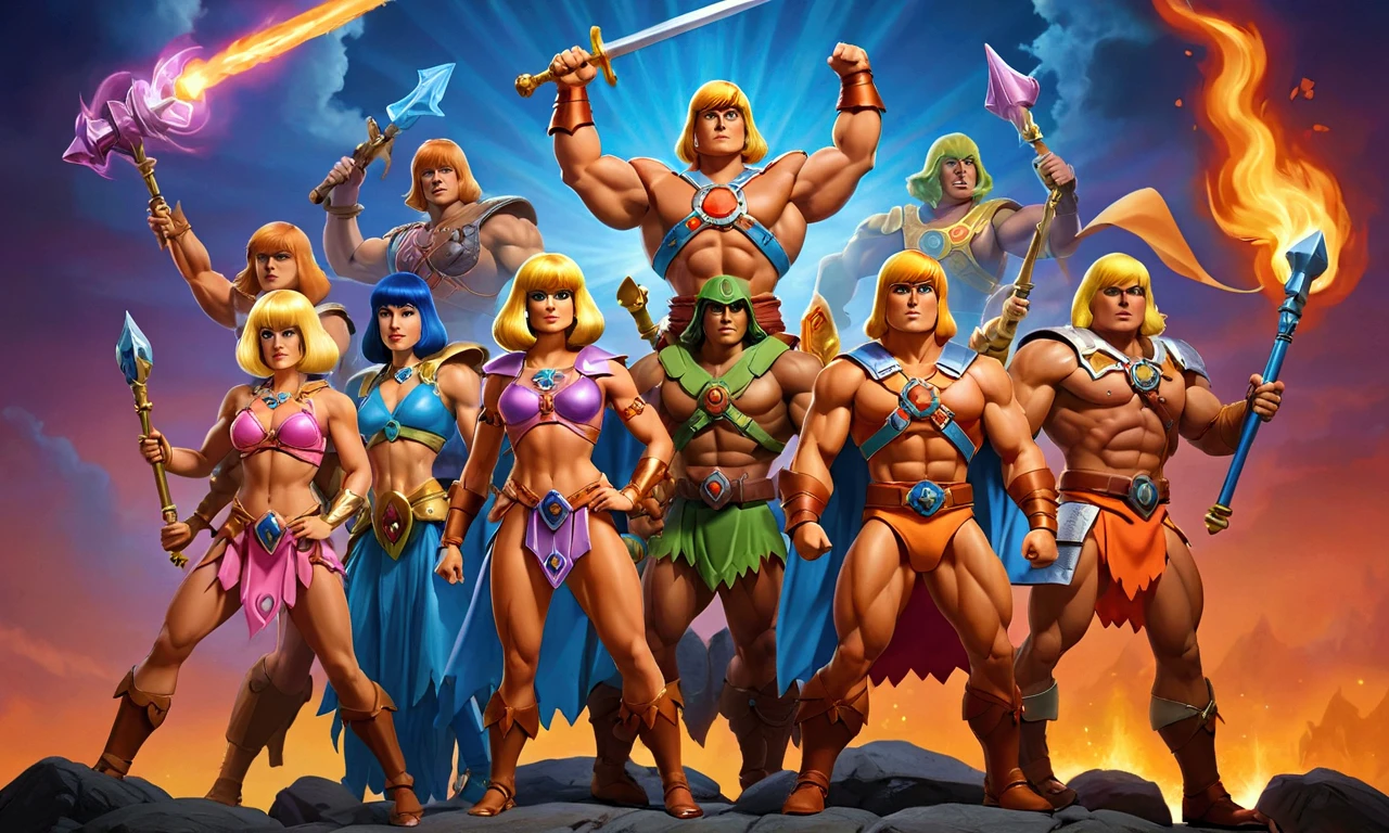 He Man and the Masters of the Universe, HeMan and friends are having a pool party. high fantasy