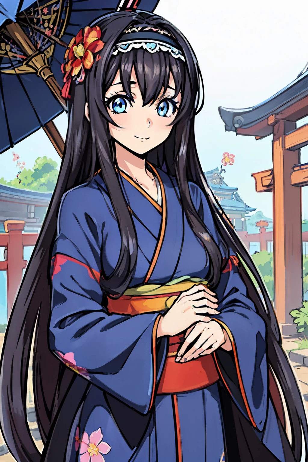 young girl, long curly black hair, Curls, Fox ears, Foxtail, blue eyes, open kimono, ssmile, Masterpiece, hiquality