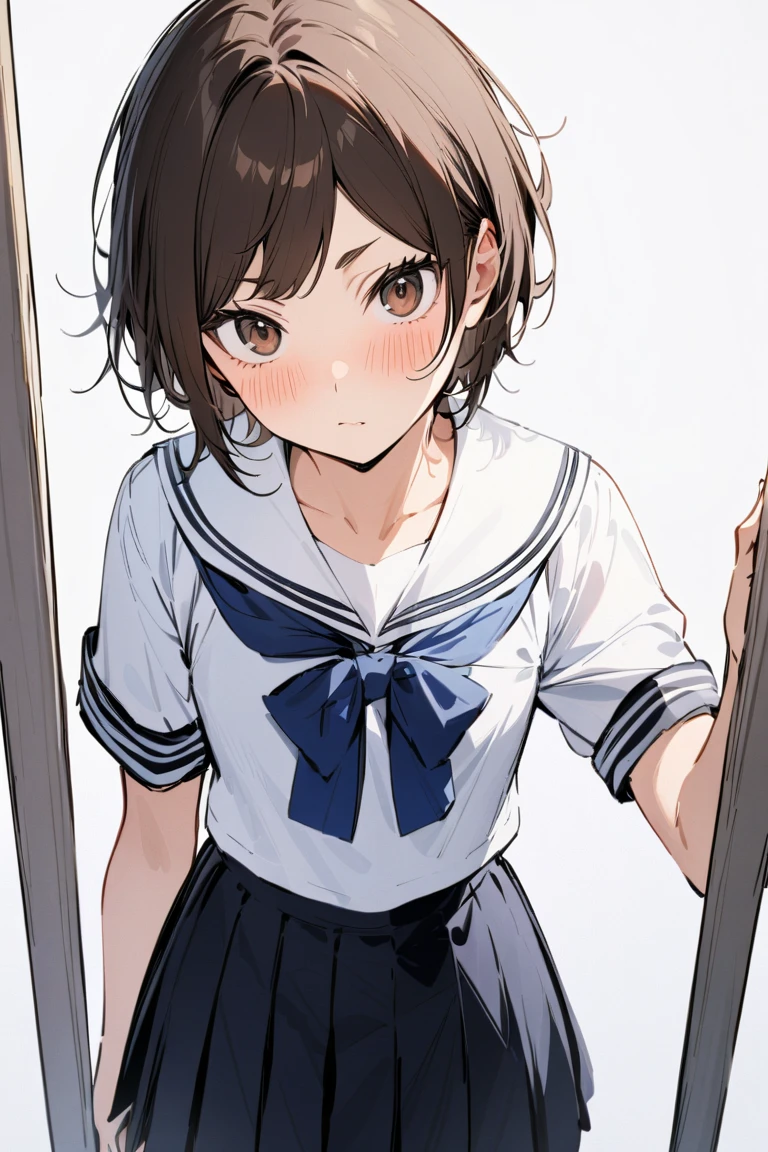 (masterpiece, best quality, high quality, highres, ultra-detailed), haikyuu character, 1girl, solo, looking at viewer, short brown hair in a pixie bob haircut, sparse bangs up to the eyebrows, dark brown eyes, rounded face, 163.6 cm, small rounded chest, rectangle figure, a sailor uniform consisting of a white blouse attached with a sailor-style collar with a dark lining, a blue bow, and a dark-colored pleated skirt, blush