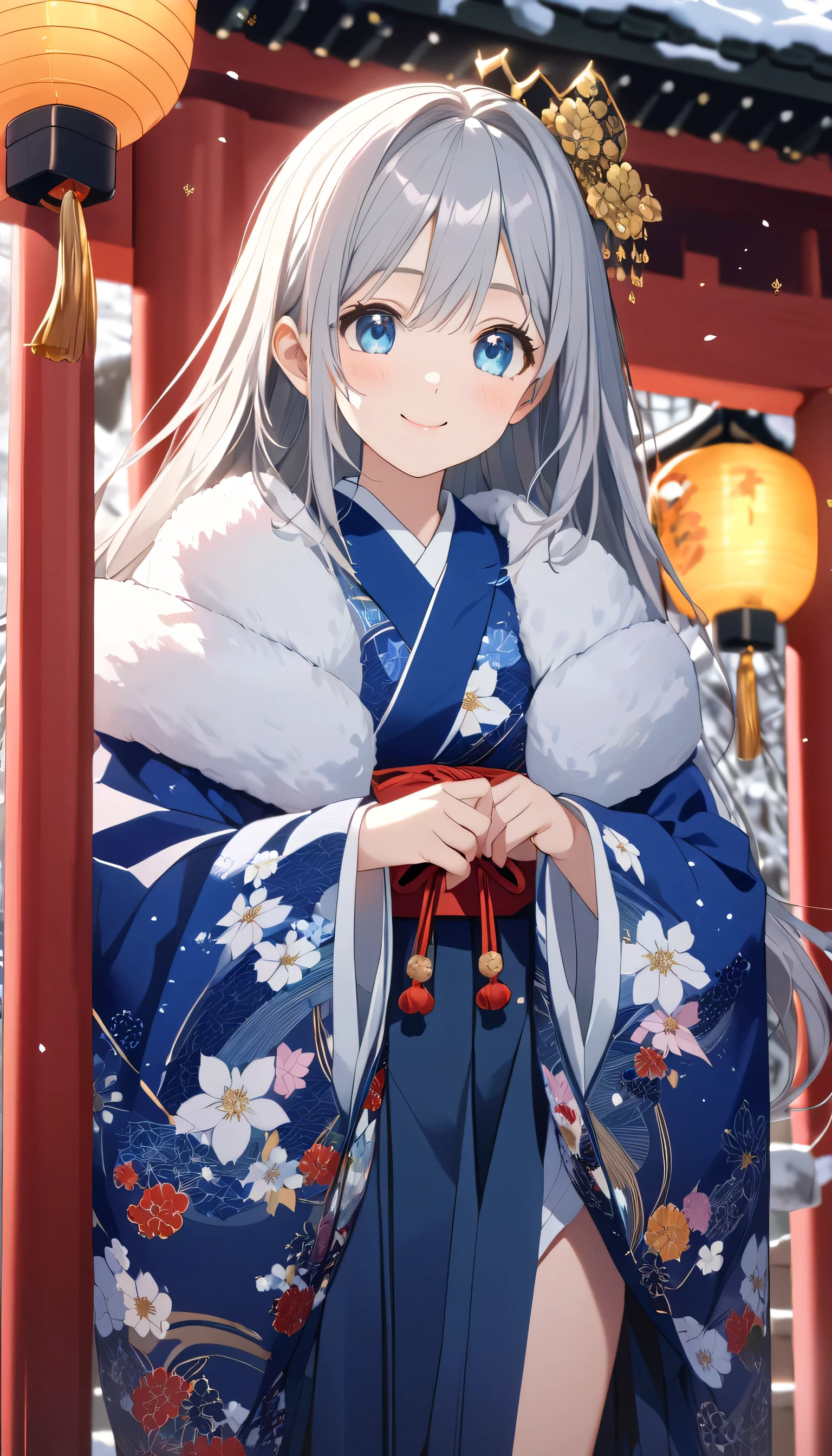 ((ultra-detailed)), (highly detailed CG illustration), (best quality:1.2), ultra-highly detailed, colorful composition, artistic photoshoot, 1girl, solo focus, ((thigh to top:1.4)), ((cowboy shot:1.4)), Japanese moe anime character, girl, dainty facial structure, (baby fand face), ((rounded chin:1.2)), ((ideal ratio body proportions)), celia-default, celia claire, (blue eyes), sparkle eyes, silver hair color, two side up, ((deep royal blue furisode costume with gorgeous floral pattern)), (()hakama skirt, deep royal blue hakama)), ((white obi with golden decorations)), ((red Japanese ornate hairpin with golden decoration)), white fur shawl,new year shrine visit, traditional japanese shrine, torii gate covered in snow, visitors wearing kimonos, winter sky, hanging ema plaques, sacred ropes and white paper streamers, lanterns glowing softly, shinto prayers being made, snow-covered stone lanterns, high angle, expecting, pink cheek, blush, light pink gloss slip, portrait, depth of field, soft lighting, sidelighting, (shine), lighting, caustics, ray tracing, smile, perfect face, lustrous skin, highly detailed face, highly detailed eyes, perfect face, perfect nose, perfect hair, perfect eyes, perfect anatomy, beautiful hair, beautiful small face, extremely detailed face, beautiful detailed eyes, beautiful clavicle, beautiful body, beautiful medium breasts, breasts squeezed together, equalize the size of the left and right breasts, beautiful thin thighs, beautiful legs, beautiful fingers, 4 fingers, 1 thumb, lovely, (very detailed background:1.0), (highly detailed background:1.0), winter aesthetic, intricate details, solemn serene and respectful atmosphere, winter colors palette, chromatic aberration