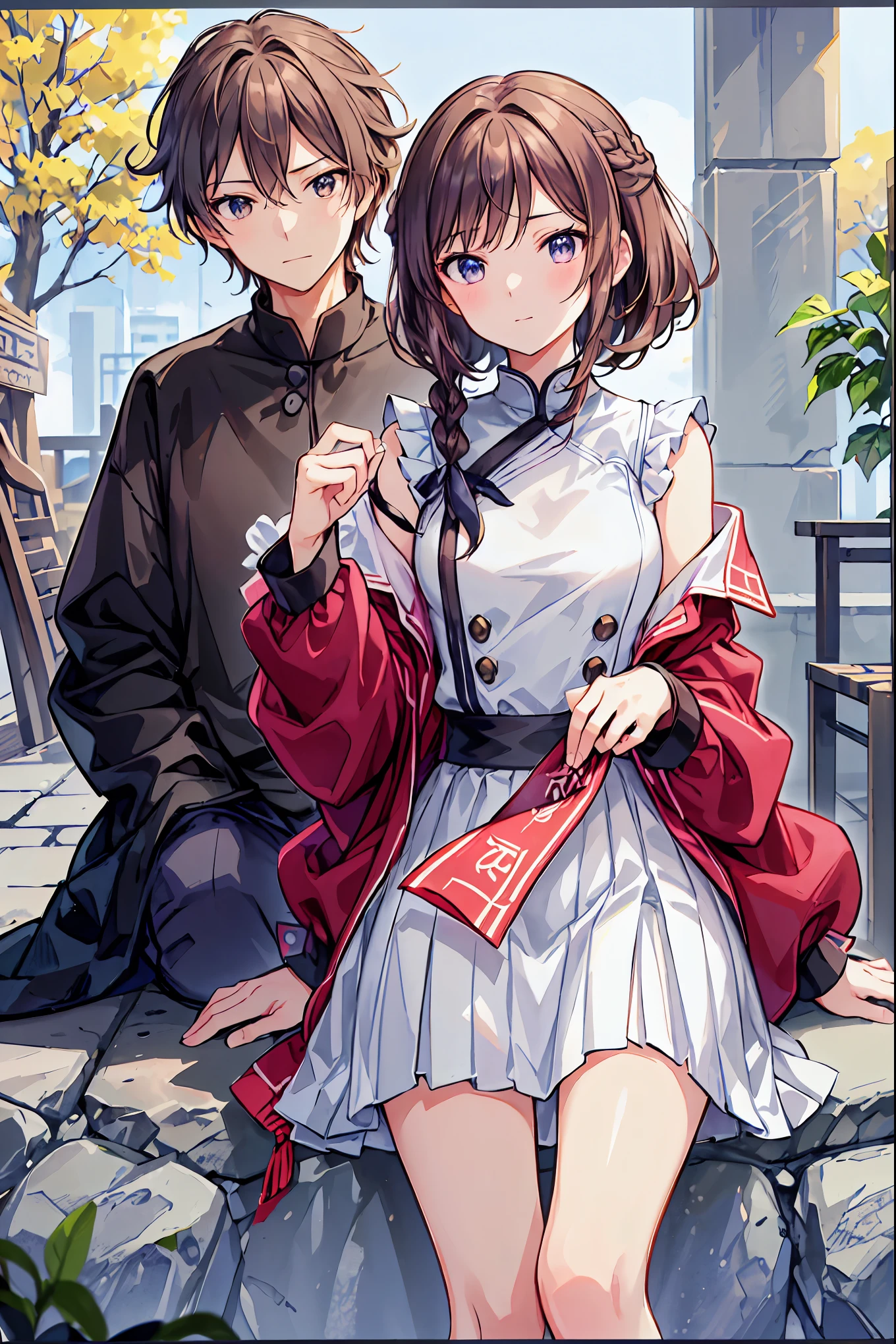 (masterpiece) attention to detail, maleとwomanが着ている ,masterpiece)( high image quality )Couple in their 20s, woman1名、light 、{{kissu、womanのためのロマンス、Sparkling atmosphere、Glossy appearance、woman( brown medium length hair )close ~ eye、Sweet Sigh、male(Black unkempt hair、Y shirt, shirt)tightly close your eye、background、The night deepens、 dark, womanはショックを受けた, maleが壁に向かって彼女に{{To kiss, maleが腰を抱く, And his eye were tightly closed, Romantic environment,(( top quality )), ( very detailed), ( high image quality CG合成8K壁紙), 高いly detailed, high definition raw color photos , professional photoshoot, (((Bokeh))), written border depth,Bust, brown hair, shortcuts, messy hair, short braided hair,Neat, slender beauty ,Dignified posture, small breasts, beautiful legs with tails,魅惑的なグレーブルーのeyeは星のように輝いている, brightly colored ,美しいeye,A delicate smile, Textured Skin, top quality ,優しくて美しいwoman, anime style 、