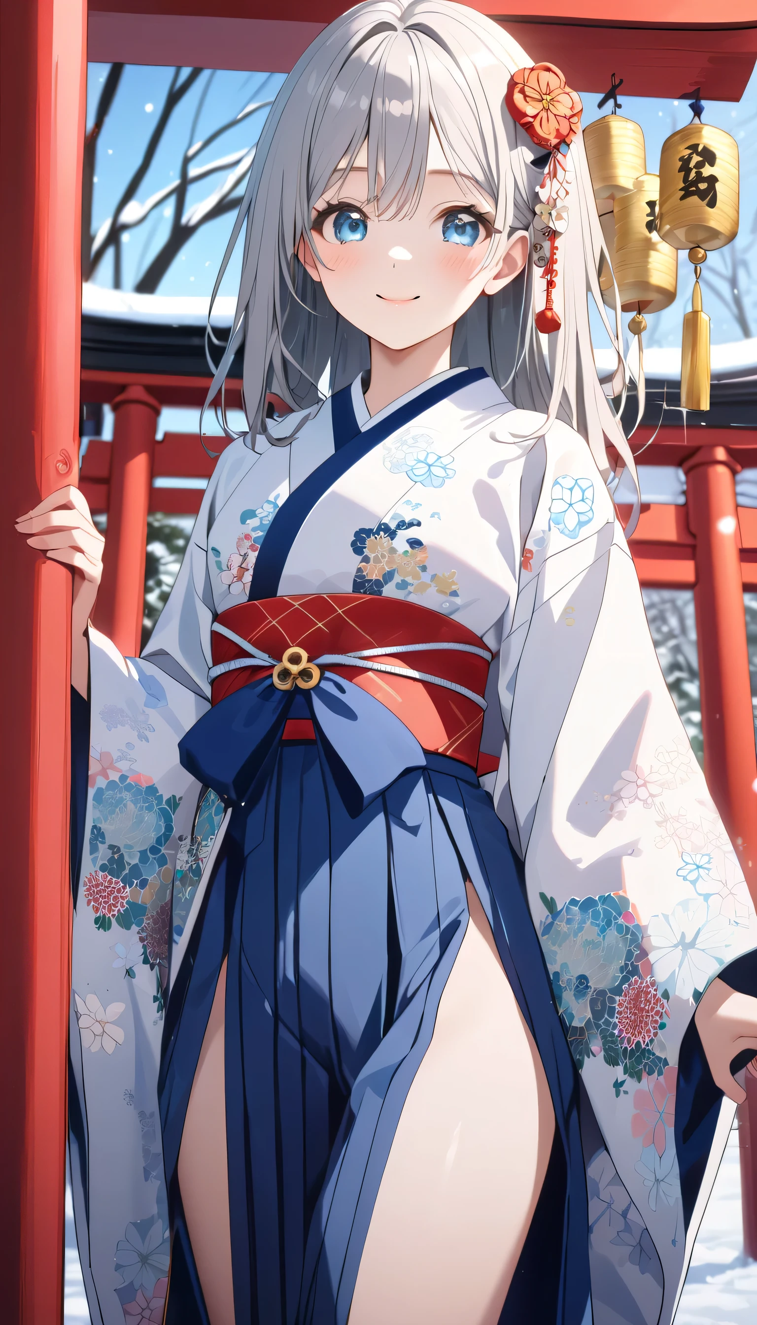 ((ultra-detailed)), (highly detailed CG illustration), (best quality:1.2), ultra-highly detailed, colorful composition, artistic photoshoot, 1girl, solo focus, ((thigh to top:1.4)), ((cowboy shot:1.4)), Japanese moe anime character, girl, dainty facial structure, (baby fand face), ((rounded chin:1.2)), ((ideal ratio body proportions)), celia-default, celia claire, (blue eyes), sparkle eyes, silver hair color, two side up, ((deep royal blue furisode costume with gorgeous floral pattern)), (()hakama skirt, deep royal blue hakama)), ((white obi with golden decorations)), ((red Japanese ornate hairpin with golden decoration)), white fur shawl,new year shrine visit, traditional japanese shrine, torii gate covered in snow, visitors wearing kimonos, winter sky, hanging ema plaques, sacred ropes and white paper streamers, lanterns glowing softly, shinto prayers being made, snow-covered stone lanterns, high angle, expecting, pink cheek, blush, light pink gloss slip, portrait, depth of field, soft lighting, sidelighting, (shine), lighting, caustics, ray tracing, smile, perfect face, lustrous skin, highly detailed face, highly detailed eyes, perfect face, perfect nose, perfect hair, perfect eyes, perfect anatomy, beautiful hair, beautiful small face, extremely detailed face, beautiful detailed eyes, beautiful clavicle, beautiful body, beautiful medium breasts, breasts squeezed together, equalize the size of the left and right breasts, beautiful thin thighs, beautiful legs, beautiful fingers, 4 fingers, 1 thumb, lovely, (very detailed background:1.0), (highly detailed background:1.0), winter aesthetic, intricate details, solemn serene and respectful atmosphere, winter colors palette, chromatic aberration
