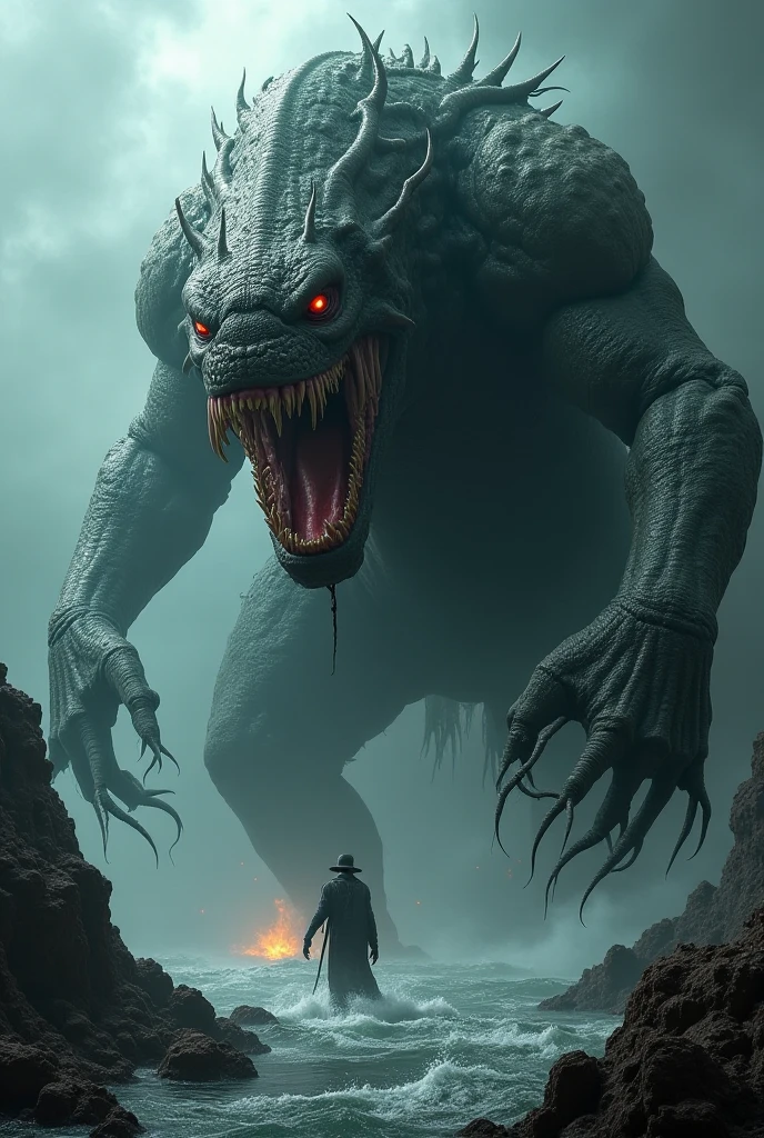 Describe a very large and frightening monster with sharp teeth that looks like a monster that has never woken up for hundreds of years in a dark fantasy theme. 