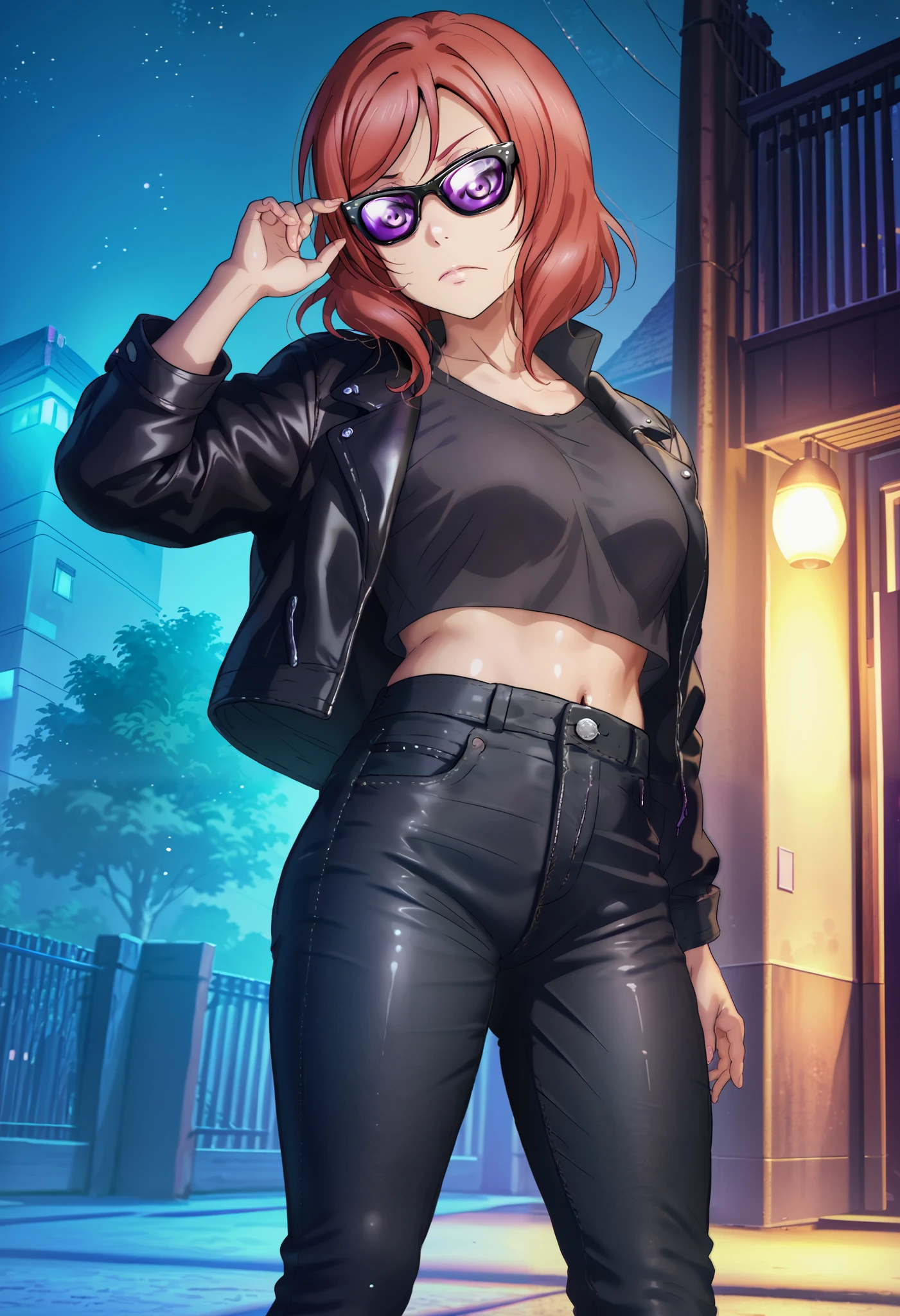 Nishikino maki, purple eyes, love live , (midriff:0.5), detailed body, shiny skin , standing , wearing a black leather jacket over a dark grey shirt, black jeans pants, sunglasses, night , underwear partially visible ,RUKIA style