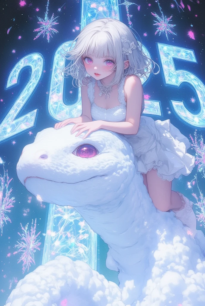 A giant iridescent plasma light spells out "2025" in cool font, Manga style, cute girl riding on the head of a giant cute white snake, white short hair, white frilly camisole dress, red eyes, images of world of iridescent pure white, everything is iridescent pure white, method of expression that changes with gradation, professional and perfect composition, extremely delicate depiction, extremely clear image, various effects, ultra detailed, absolutely resolution, masterpiece