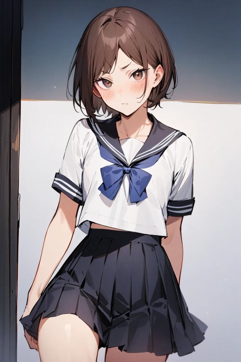 (masterpiece, best quality, high quality, highres, ultra-detailed), haikyuu character, 1girl, solo, looking at viewer, short brown hair in a pixie bob haircut, sparse bangs up to the eyebrows, dark brown eyes, rounded face, 163.6 cm, small rounded chest, rectangle figure, a sailor uniform consisting of a white blouse attached with a sailor-style collar with a dark lining, a blue bow, and a dark-colored pleated skirt, blush, tsundere