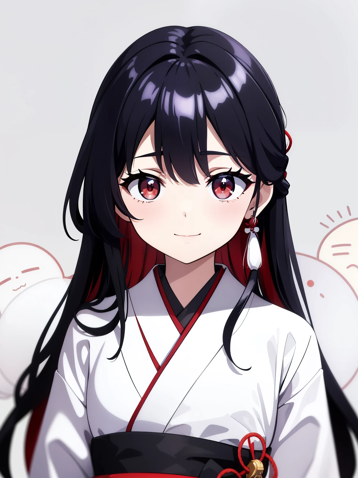 (high-quality, breathtaking),(expressive eyes, perfect face) 1girl, female, solo, s old , black color hair, red streaks in hair, crimson red eye color, very long hair length, Symmetrical Eyes, portrait, upper body, soft expression, accessories, jewellery, half open eyes, cute smile, gentle, mikofa, head wings, black sash, red ribbon, ghostly pale white skin, shrine maiden, japanese, grey background, short height, young face, kimono, pure white kimono, red trim, shirt tug, facing viewer, long sleeves

