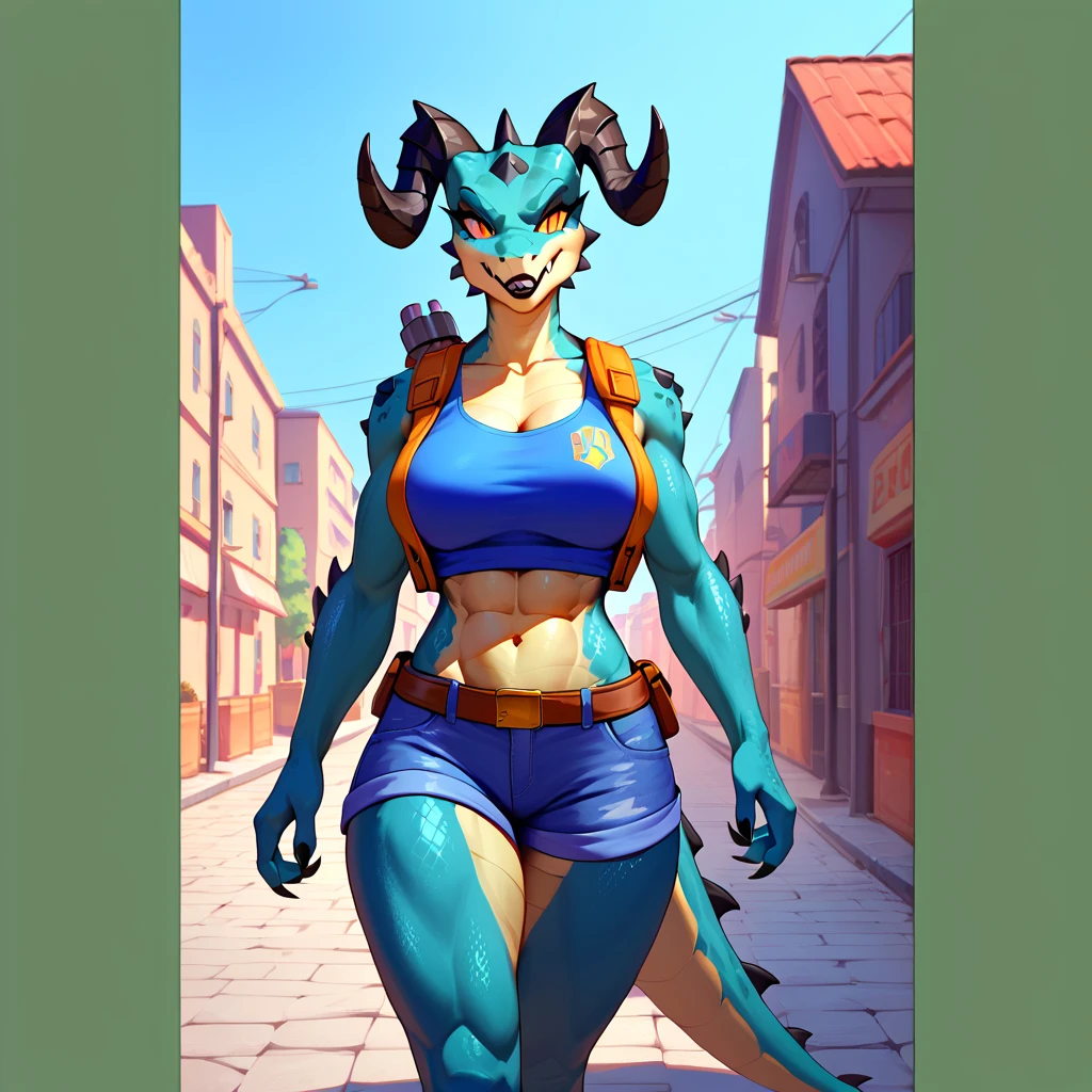 ((4k)), (best body), (sexy women), Solo, score_9,score_8_up,score_7_up, kemono style, Anthro deathclaw from fallout, Anthro reptile girl, snout, green scaled skin, gold eyes, black lips, black horns, black ram horns, athletic body, smiling, walking in a ruined city, holding a rusty gun, wearing bodyarmor, bulletproof vest, blue jean shorts and a blue tank top, sfw, intimidating woman, monstergirl, sleek female dragon head, as an anthropomorphic dragon, commission for high res, female dragonborn, well designed female dragon head, anthro lizard, female fursona,  female dragon head