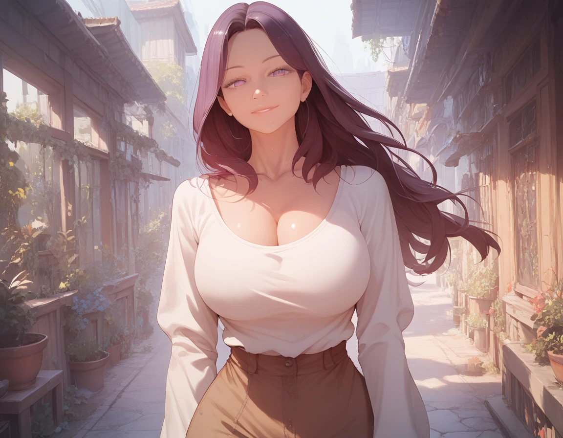 High quality, 8k ultra hd, 1girl, Solo, High Resolution, Long Hair, Looking at viewer, Large breasts, Purple Eyes, Lurid smile, seductive, mature female, Full body in frame, cleavage, body outline on clothes, long sleeve shirt