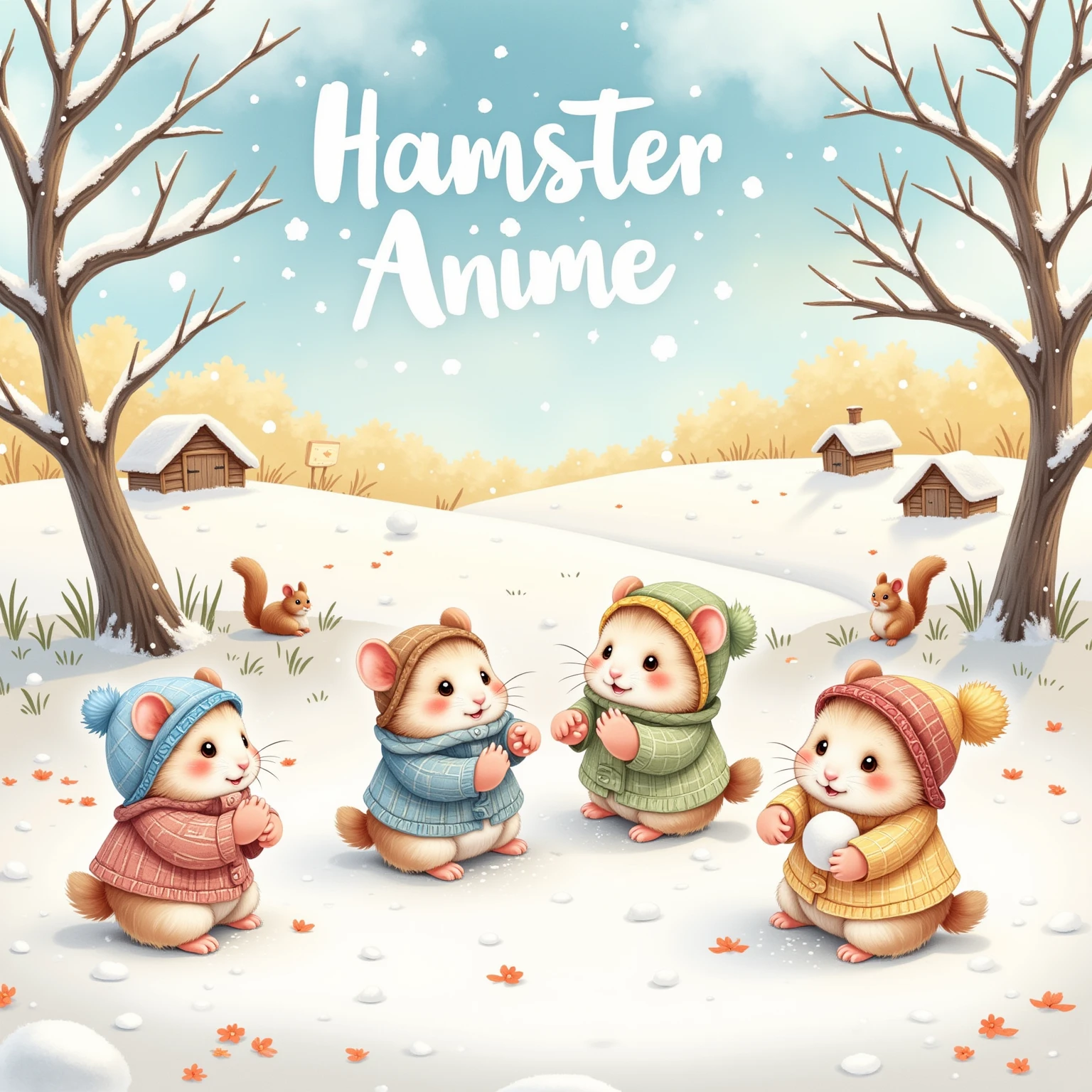 Craft a delightful outdoor winter scene featuring cute hamsters dressed in bright knitted hats and scarves, cheerfully building a snowman. These lively hamsters are portrayed in mid-action, with one rolling a large snowball while others gather sticks and stones for the snowman's features. The background reveals a picturesque forest blanketed in a pristine layer of snow, providing a serene and majestic backdrop to the lively scene. Snowflakes delicately drift down, enhancing the playfulness and beauty of the moment. The natural lighting casts a soft glow, highlighting the vibrant colors of the hamsters' winter attire against the white landscape. The snowman, adorned with a whimsical carrot nose and playful sticks for arms, stands proudly amidst the bustling activity. Above, incorporate the phrase "Hamster Anime" to appear as if made of snow, seamlessly blending with the evocative winter aesthetics of the scene, and add a playful charm to this adorable winter tableau.