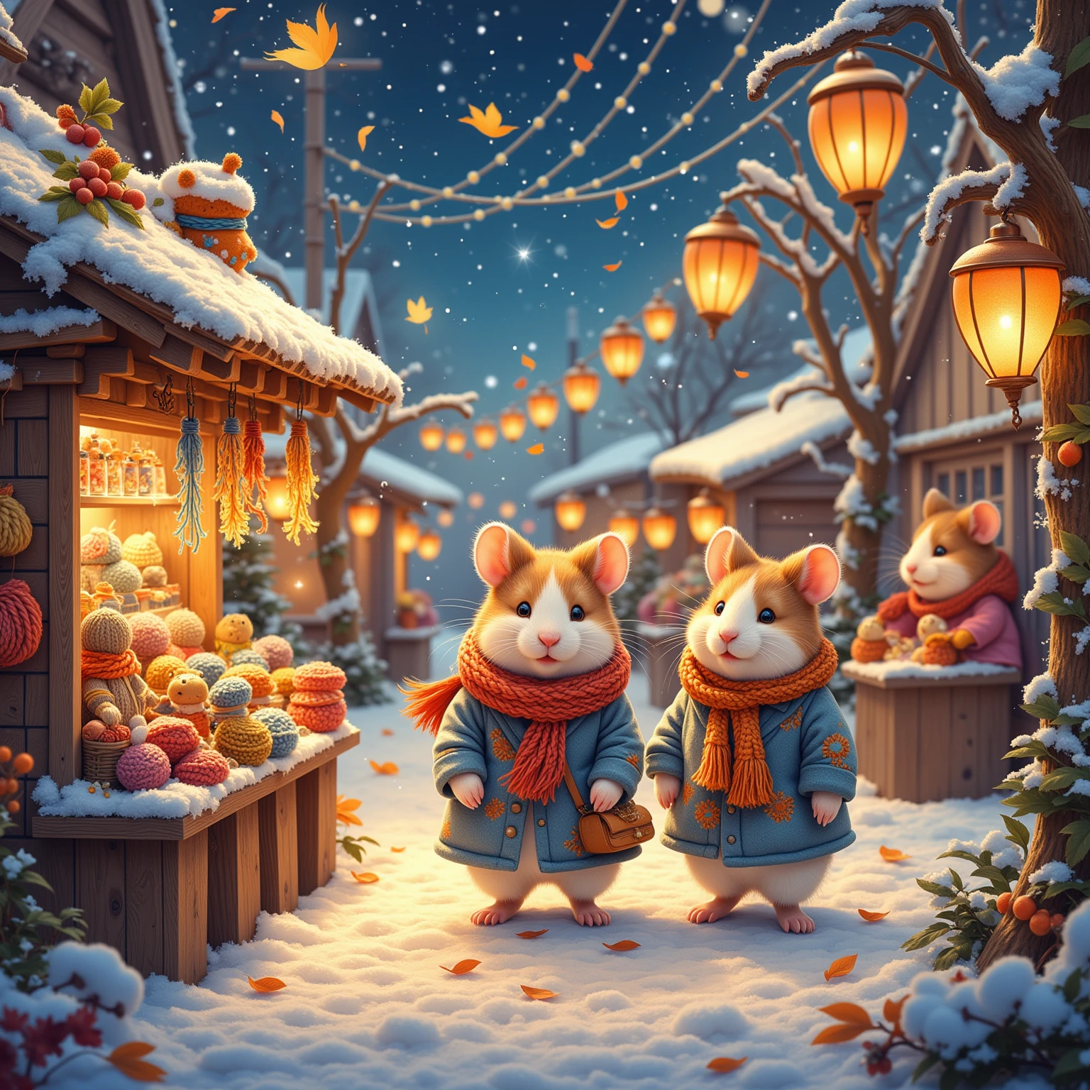 Craft a delightful outdoor winter scene featuring cute hamsters dressed in bright knitted hats and scarves, cheerfully building a snowman. These lively hamsters are portrayed in mid-action, with one rolling a large snowball while others gather sticks and stones for the snowman's features. The background reveals a picturesque forest blanketed in a pristine layer of snow, providing a serene and majestic backdrop to the lively scene. Snowflakes delicately drift down, enhancing the playfulness and beauty of the moment. The natural lighting casts a soft glow, highlighting the vibrant colors of the hamsters' winter attire against the white landscape. The snowman, adorned with a whimsical carrot nose and playful sticks for arms, stands proudly amidst the bustling activity. Above, incorporate the phrase "Hamster Anime" to appear as if made of snow, seamlessly blending with the evocative winter aesthetics of the scene, and add a playful charm to this adorable winter tableau.