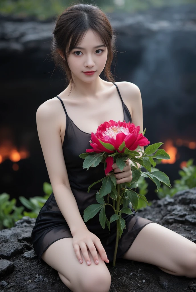 Watercolor style, the image depicts a Vietnamese girl holding a beautiful peony flower. She is wearing a thin, transparent, clear black silk dress. wet dress . a young Vietnamese woman sitting on a rock in the crater with red hot molten lava all around. a young lady with hugebust chest. , Dark Cinematic, Editorial Photography, Photography, Photoshoot, Depth of Field, DOF, White Balance, 32k, , Anti-Aliasing, Hyper-Maximalist, Elegant, Hyper Realistic, Dramatic Lighting, Cinematic Lighting, Wide Angle, 8k, Super Hyper Realistic, Focused, Extremely Detailed.The flower is delicate with lush petals and foliage surrounding it. The girl has a playful, quirky expression as she cradles the vibrant flower. The whole scene conveys a sense of Vietnamese culture, femininity, and the beauty of nature. The illustration has a soft, watercolor-like style, adding to the dreamy, enchanting quality of the image. --ar 3:5 --style raw --personalize y22lie3 --stylize 1000 --v 6.1