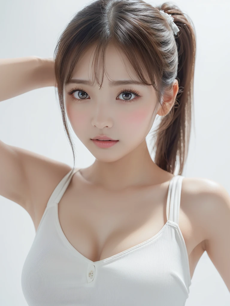    Beautiful breasts,(Neat,      elegant  :1.4),,(adult,1.4),(   Clear Eyes :1.4),(      very cute:1.2),(    small breasts:1.2),      Natural Cosmetics  ,    I'm angry  ,     wide shot,(Highly detailed debtace and skin texture:1.4),(Alone:1.3),    Top Quality    ,masterpiece,   Ultra-fine ,(  realistic:1.3),(  8K ultra HD,   RAW photos:1.2),35mm Lens, debt/1,(   detail eyes:1.2),   double eyelid ,(      White Background    : 1.3) ,(   upright position ,debtull body:1.4、White clothes、 Intermediate Shooting   、(((Place your right hand on your chest 1.85)))、(((young、、    girl  )))、        ponytail hair widens the entire crotch 、(((Clear 1 .5、 ピュア1.5)))、