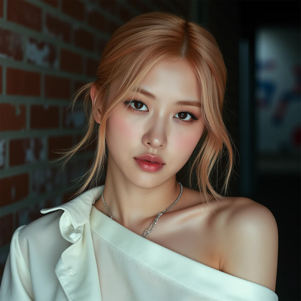 Realistic (photorealistic Realism), (high resolution), ((intricately detailed digital art)), professional photography, (((portrait) a [Rosé from blackpink]:1.3)), (ultra realistic texture details: velvety skin, hair),(close- up eyes),((sharp focus, no blurry, high resolution, absurd quality, Realistic brown_eyes:1.4), intricately detailed:1.3), ((extremely fine details eyes)), ((extra narrow eyebrows)), (Carefully draw Long eyelashes), (perfect round eyes:1.3), (finely detailed pupils:1.3), ((extremely fine details pupils:1.3)), ((extremely fine details iris of the eyes:1.3)), (Shining, mesmerizing, Vibrant eyes:1.2), (professional makeup:1.4), ((perfect eyeshadows:1.4)), detailed lips:1.3, (apply glossy red_lipstick:1.34), (pink_makeup:1.3), (beautiful little nose), (perfect proportions:1.2),(small head),(anatomically correct), perfect female body, (firm and full breasts), (Super beautiful), (vivid and colorful), The attention to detail, focus of girl, dynamic pose, sexy and seductive, flirty smile, dslr, high quality split lighting, sharp focus captured by Fujifilm XT3, f 5.6, in a dramatic lighting, (perfect composition), (Style your hair, short hair, golden hair, curls at the ends of the hair, hair above one eye,(short blonde, combed to the side)), choker, ((Brick wall, Graffiti)), (oversized shirt,Outside the shoulder, transparent white shirt), exquisite balance of shadows, look at the viewer,