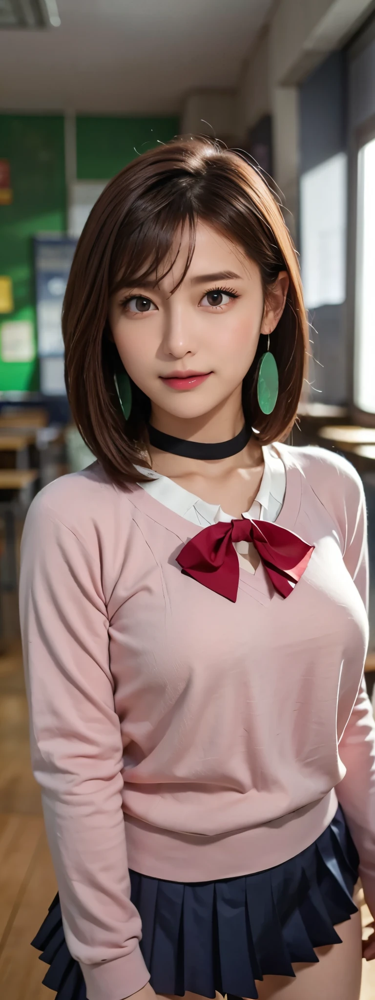 extremely high quality photo, Momo Ayase, sharp focus, realistic, source_photo, proper alignment, young Japanese model, cafe setting, room background, glamorous, sexy, seductive, portrait, detailed face, smiling, happy, ayase_wz, medium hair, brown hair, brown eyes, large breasts, chocker, choker, red bowtie, (pink cardigan:1.2), long cardigan, long sleeves, blue skirt, pleated skirt, school uniform, short skirt, earrings, loose socks, white socks