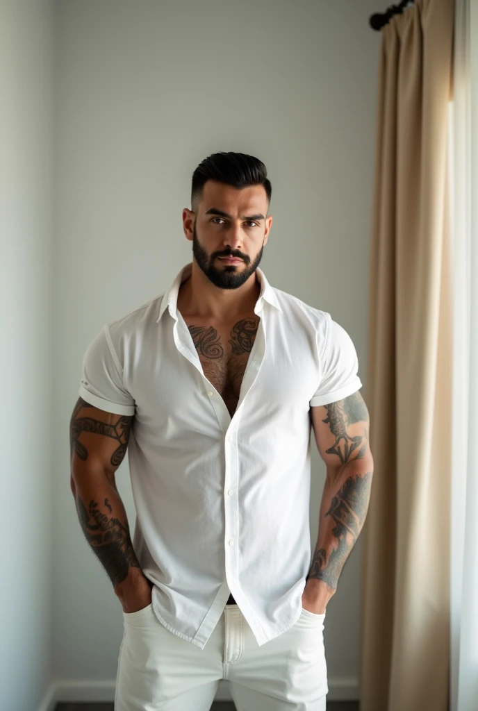 (masterpiece, intricately detailed, highest resolution, best quality:1.2), (doujin), a cocky instagram influencer, a 17 y.o muscle stud with a muscular physique sitting on a chair with blue eyes,ntattoo, ((neckline_tattoo)), dark-skinned male, clean shaven, wearing a ((open jacket, big chains, chav, armbands)), ((excessive cum)) ((cum on body)) (cum drip), flaccid penis,saggy balls,hairy chest,vascular,muscle striations,soft light,fantastic realism, colth, hdsrmr