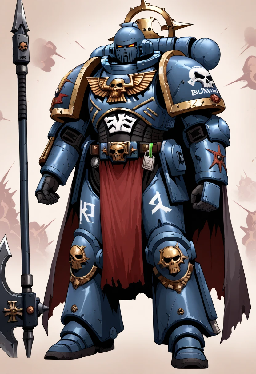 Anime, Concept art, Absurd resolution, high resolution, (masterpiece: 1.4), hyper-detail, warhammer 40k armor, armor, heavy armor, plated armor, full body, glowing weapon, cloak, edgy, grimdark, octosoup, 1man, bulky, buff, loin cloth, reference sheet, iron halo, whtitus, full shot, Holding_Halberd_V1, explosion background, running: 1.2,
