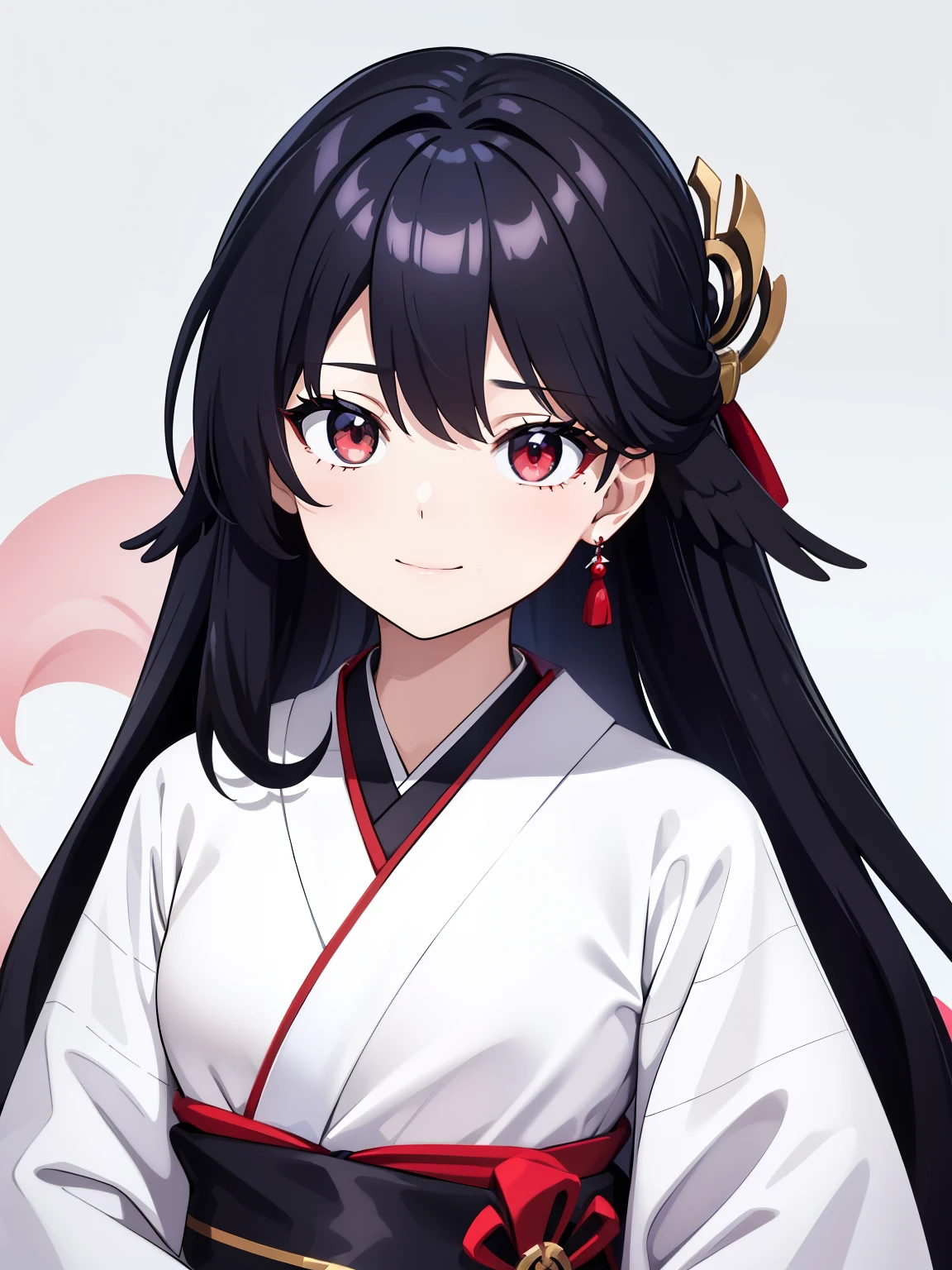 (high-quality, breathtaking),(expressive eyes, perfect face) 1girl, female, solo, s old , black color hair, red streaks in hair, crimson red eye color, very long hair length, Symmetrical Eyes, portrait, upper body, soft expression, accessories, jewellery, half open eyes, cute smile, gentle, mikofa, head wings, black sash, red ribbon, ghostly pale white skin, shrine maiden, japanese, grey background, short height, young face, kimono, pure white kimono, red trim, shirt tug, facing viewer, long sleeves
