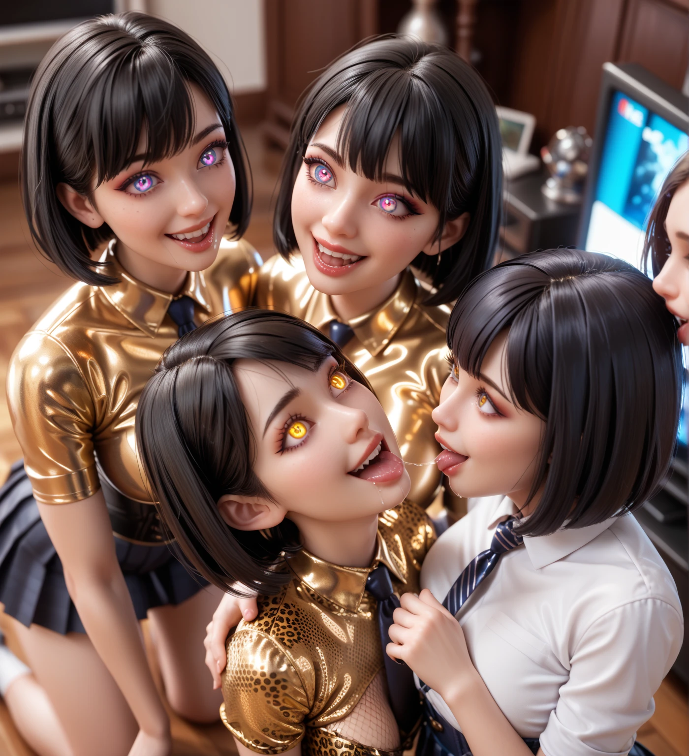 4 girls,     In extremely tight-fitting   , glittering ,  golden latex polo shirt     , bob cut,     black hair , Lens reflection,     reflective light    ,     high resolution ,     masterpiece,     watching television in the apartment, startled,    glowing eyes   , smile, saliva, salivafluss, salivaspur, very strong makeup,   very strong glittering skin  , corset, necktie,  
   pleated skirt   , Leopard print, from above, kiss, jumping happy, 