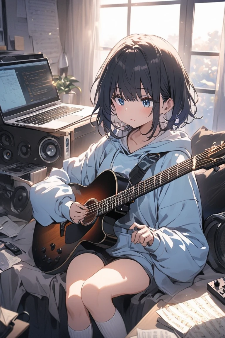 mouth, 1 girl, alone, in a messy room, guitar, 