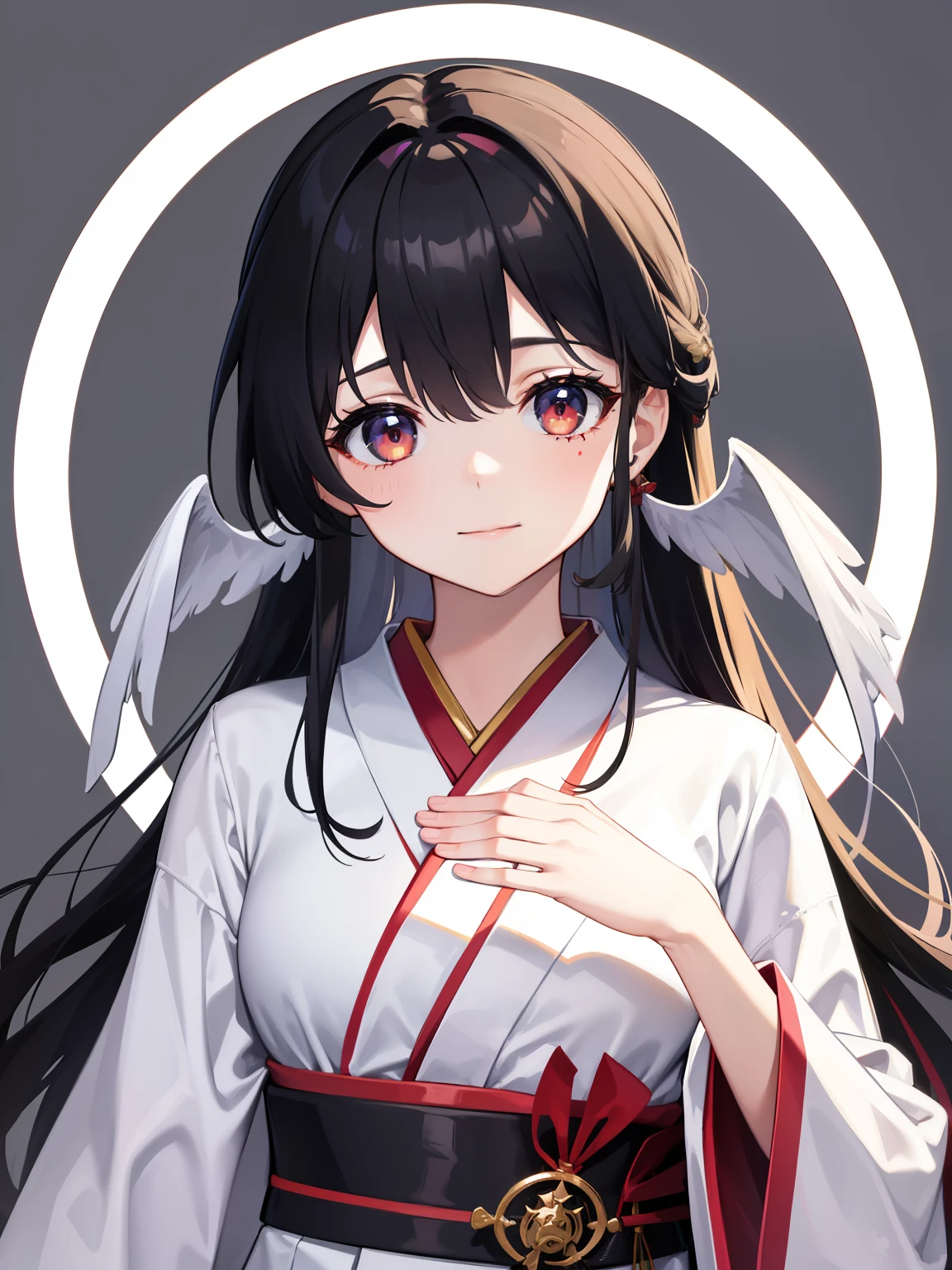 (high-quality, breathtaking),(expressive eyes, perfect face) 1girl, female, solo, s old , black color hair, red streaks in hair, crimson red eye color, very long hair length, Symmetrical Eyes, portrait, upper body, soft expression, accessories, jewellery, half open eyes, cute smile, gentle, mikofa, head wings, black sash, red ribbon, ghostly pale white skin, shrine maiden, japanese, grey background, short height, young face, kimono, pure white kimono, red trim, shirt tug, facing viewer, long sleeves