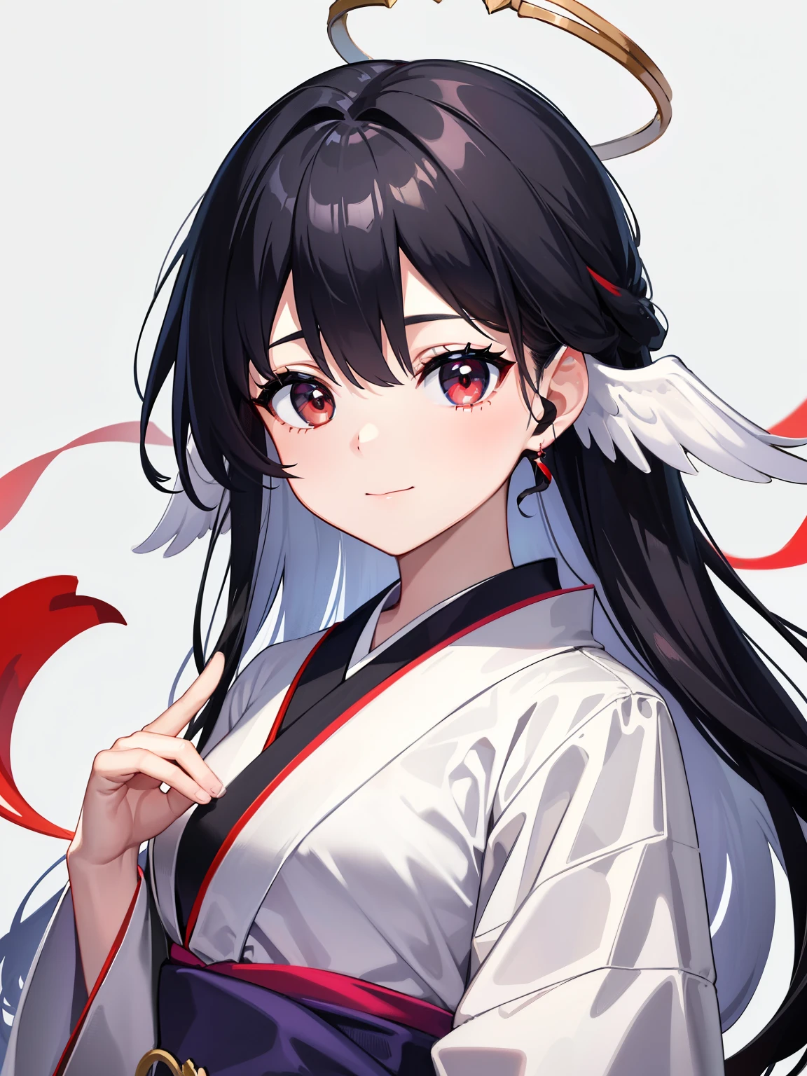 (high-quality, breathtaking),(expressive eyes, perfect face) 1girl, female, solo, s old , black color hair, red streaks in hair, crimson red eye color, very long hair length, Symmetrical Eyes, portrait, upper body, soft expression, accessories, jewellery, half open eyes, cute smile, gentle, mikofa, head wings, black sash, red ribbon, ghostly pale white skin, shrine maiden, japanese, grey background, short height, young face, kimono, pure white kimono, red trim, shirt tug, facing viewer, long sleeves