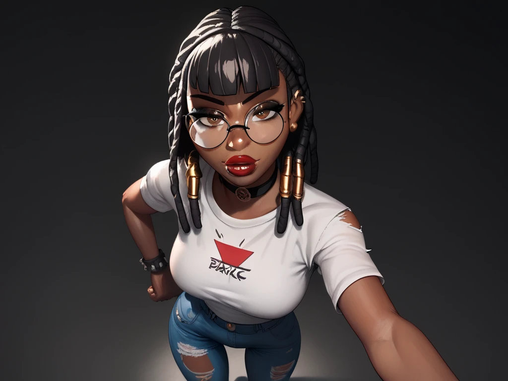 (masterpiece:1.2), (best quality), (ultra detailed), (8k, 4k, intricate),(half-body-shot:1), (highly detailed:1.2),(detailed background:1.2),((big breasts)),((smiling,plump lips)),An dark skin woman with dreadlocks in grey jeans and a black/red jacket standing outside, skinny waist and thick hips, thick thighs, thicc, thick, thick body, big booty, thick thigs, beautiful thick female, 