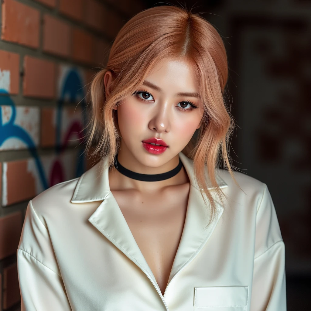 Realistic (photorealistic Realism), (high resolution), ((intricately detailed digital art)), professional photography, (((portrait) a [Rosé from blackpink]:1.3)), (ultra realistic texture details: velvety skin, hair),(close- up eyes:1.15),((sharp focus, no blurry, high resolution, absurd quality, Realistic brown_eyes:1.4), intricately detailed:1.3), ((extremely fine details eyes)), ((extra narrow eyebrows)), (Carefully draw Long eyelashes), (perfect round eyes:1.3), (finely detailed pupils:1.3), ((extremely fine details pupils:1.3)), ((extremely fine details iris of the eyes:1.3)), (Shining, mesmerizing, Vibrant eyes:1.2), (professional makeup:1.4), ((perfect eyeshadows:1.4)), detailed lips:1.3, (apply glossy red_lipstick:1.34), (pink_makeup:1.3), (beautiful little nose), (perfect proportions:1.2),(small head),(anatomically correct), perfect female body, (firm and full breasts), (Super beautiful), (vivid and colorful), The attention to detail, focus of girl, dynamic pose, sexy and seductive, flirty smile, dslr, high quality split lighting, sharp focus captured by Fujifilm XT3, f 5.6, in a dramatic lighting, (perfect composition), (Style your hair, short hair, golden hair, curls at the ends of the hair, hair above one eye,(short blonde, combed to the side)), choker, ((Brick wall, Graffiti)), (oversized shirt,Outside the shoulder, transparent white shirt), exquisite balance of shadows, look at the viewer,