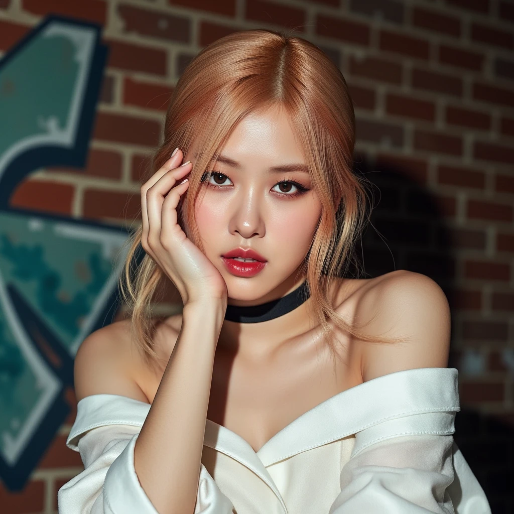 Realistic (photorealistic Realism), (high resolution), ((intricately detailed digital art)), professional photography, (((portrait) a [Rosé from blackpink]:1.3)), (ultra realistic texture details: velvety skin, hair),(close- up eyes:1.15),((sharp focus, no blurry, high resolution, absurd quality, Realistic brown_eyes:1.4), intricately detailed:1.3), ((extremely fine details eyes)), ((extra narrow eyebrows)), (Carefully draw Long eyelashes), (perfect round eyes:1.3), (finely detailed pupils:1.3), ((extremely fine details pupils:1.3)), ((extremely fine details iris of the eyes:1.3)), (Shining, mesmerizing, Vibrant eyes:1.2), (professional makeup:1.4), ((perfect eyeshadows:1.4)), detailed lips:1.3, (apply glossy red_lipstick:1.34), (pink_makeup:1.3), (beautiful little nose), (perfect proportions:1.2),(small head),(anatomically correct), perfect female body, (firm and full breasts), (Super beautiful), (vivid and colorful), The attention to detail, focus of girl, dynamic pose, sexy and seductive, flirty smile, dslr, high quality split lighting, sharp focus captured by Fujifilm XT3, f 5.6, in a dramatic lighting, (perfect composition), (Style your hair, short hair, golden hair, curls at the ends of the hair, hair above one eye,(short blonde, combed to the side)), choker, ((Brick wall, Graffiti)), (oversized shirt,Outside the shoulder, transparent white shirt), exquisite balance of shadows, look at the viewer,