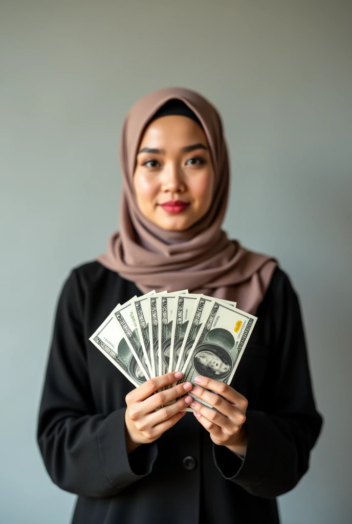 A beautiful Indonesian woman wearing a hijab holding money and jewelry.